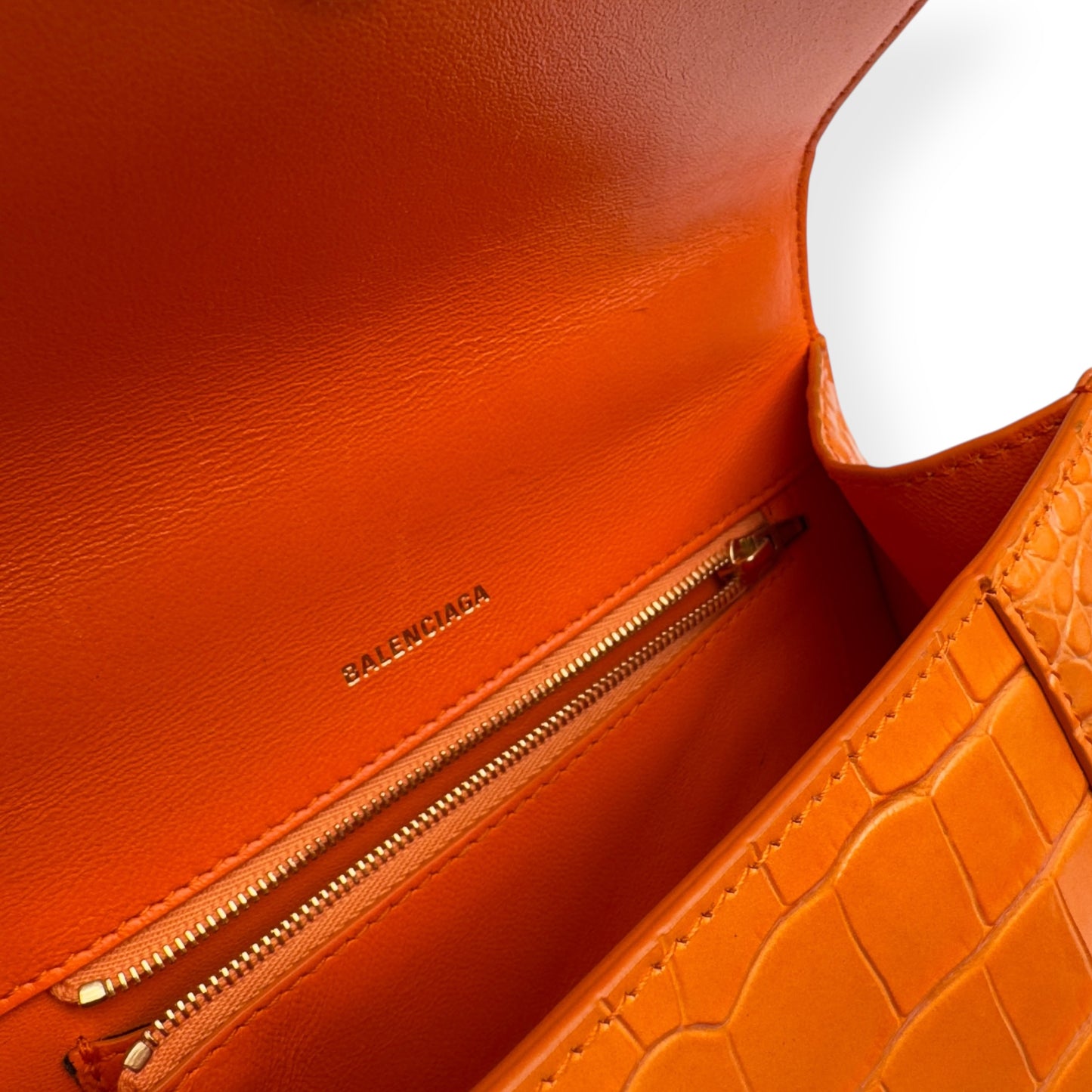 BALENCIAGA HOURGLASS CROCODILE PRINT LEATHER BAG ORANGE S