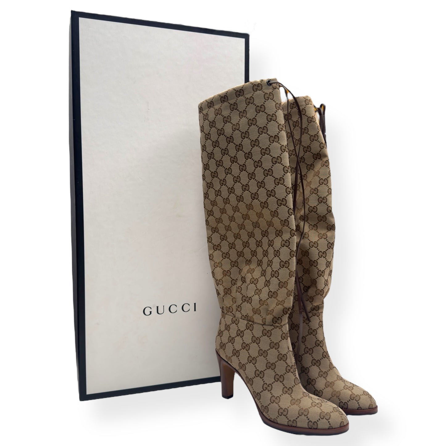 GUCCI LISA GG CANVAS MID-HEEL BOOTS BEIGE / EBONY UK5 / EU38