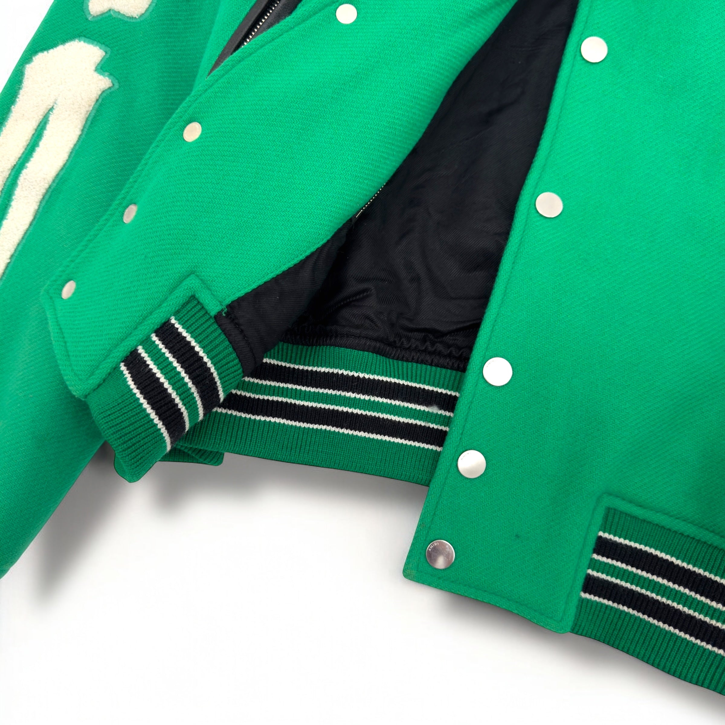 AMIRI LOGO-EMBOIDERED APPLIQUÉD BONE WOOL JACKET GREEN / WHITE 50 / L