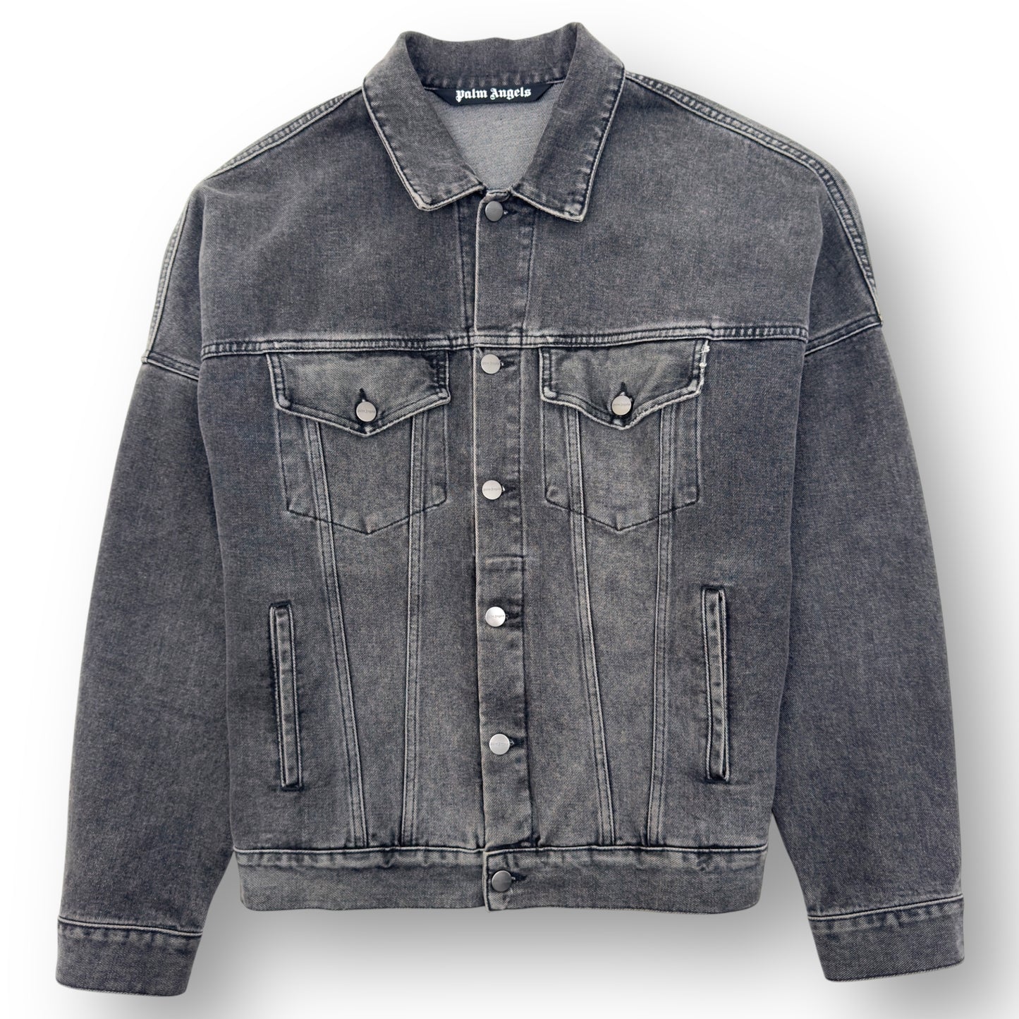 PALM ANGELS LOGO PRINT OVERSIZED DENIM JACKET GREY / WHITE M