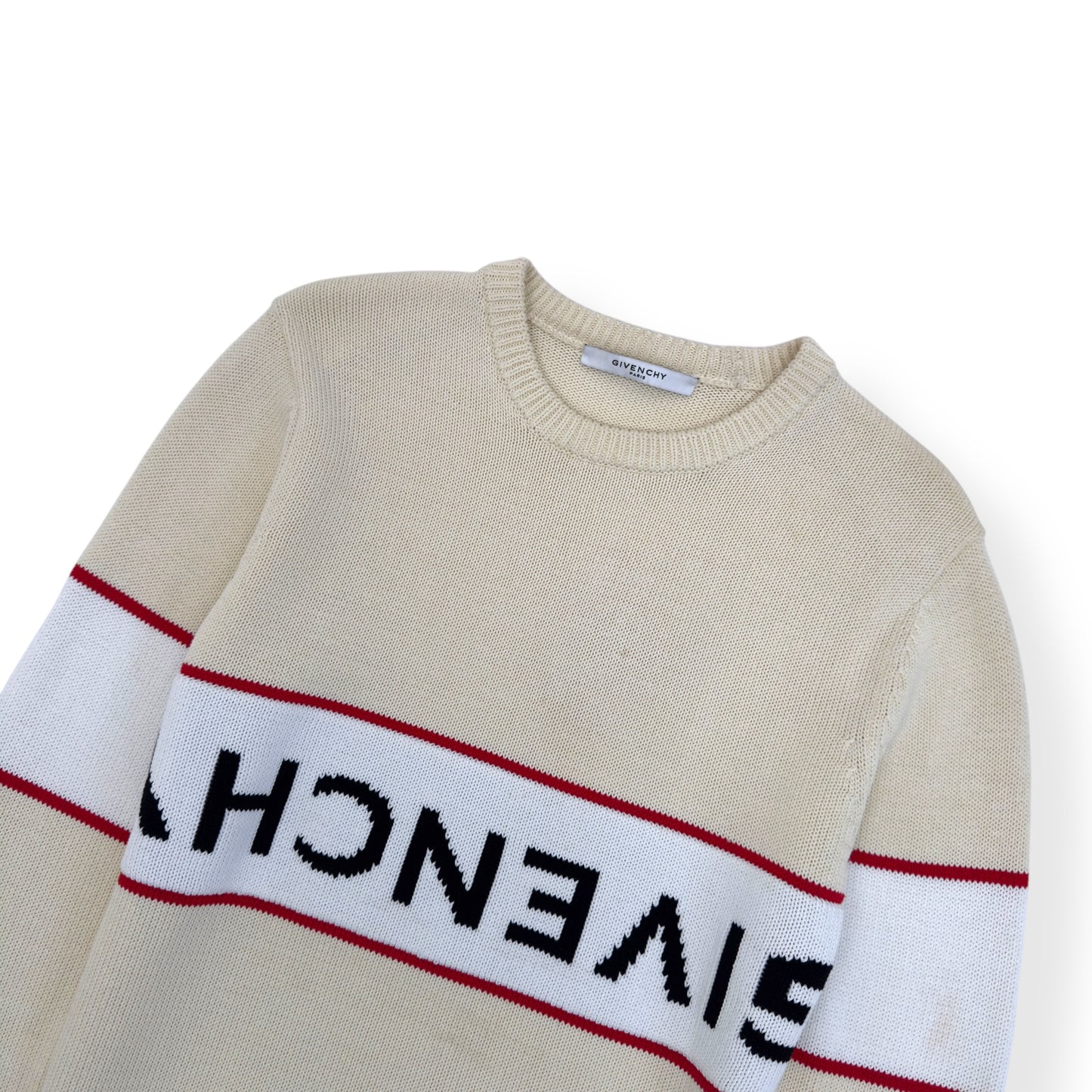 GIVENCHY REVERSE LOGO CREW KNIT SWEATER OFF-WHITE / RED S