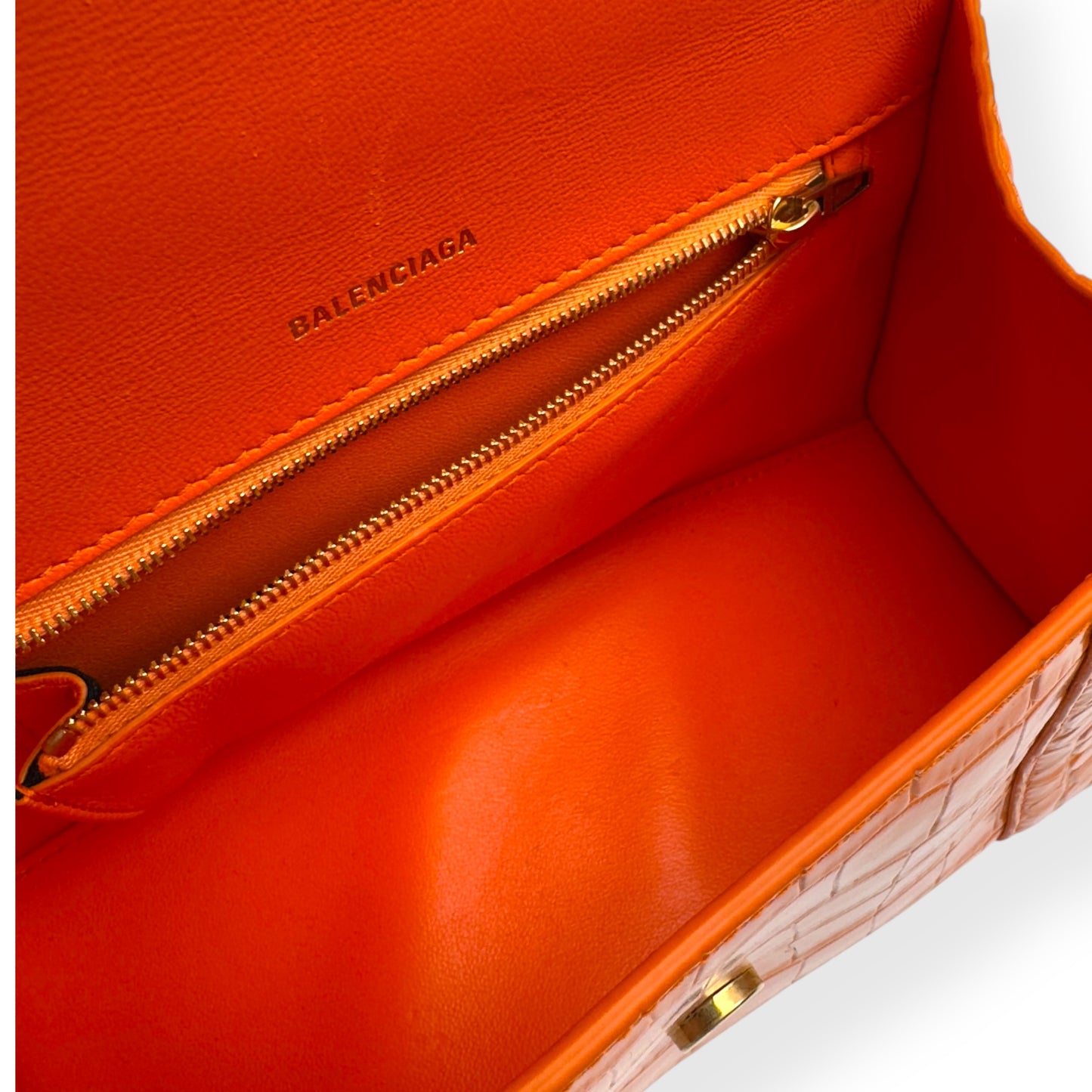 BALENCIAGA HOURGLASS CROCODILE PRINT LEATHER BAG ORANGE S