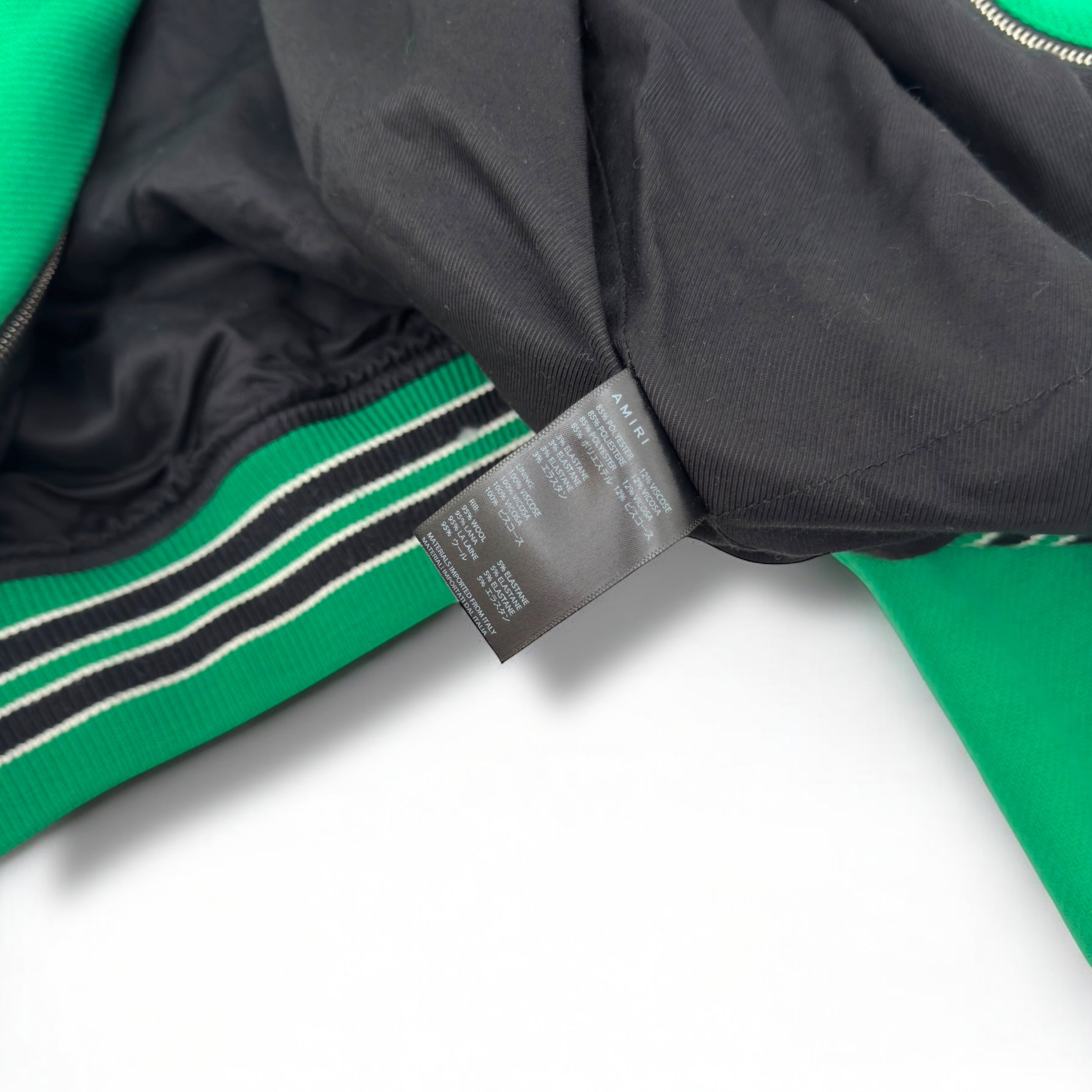 AMIRI LOGO-EMBOIDERED APPLIQUÉD BONE WOOL JACKET GREEN / WHITE 50 / L
