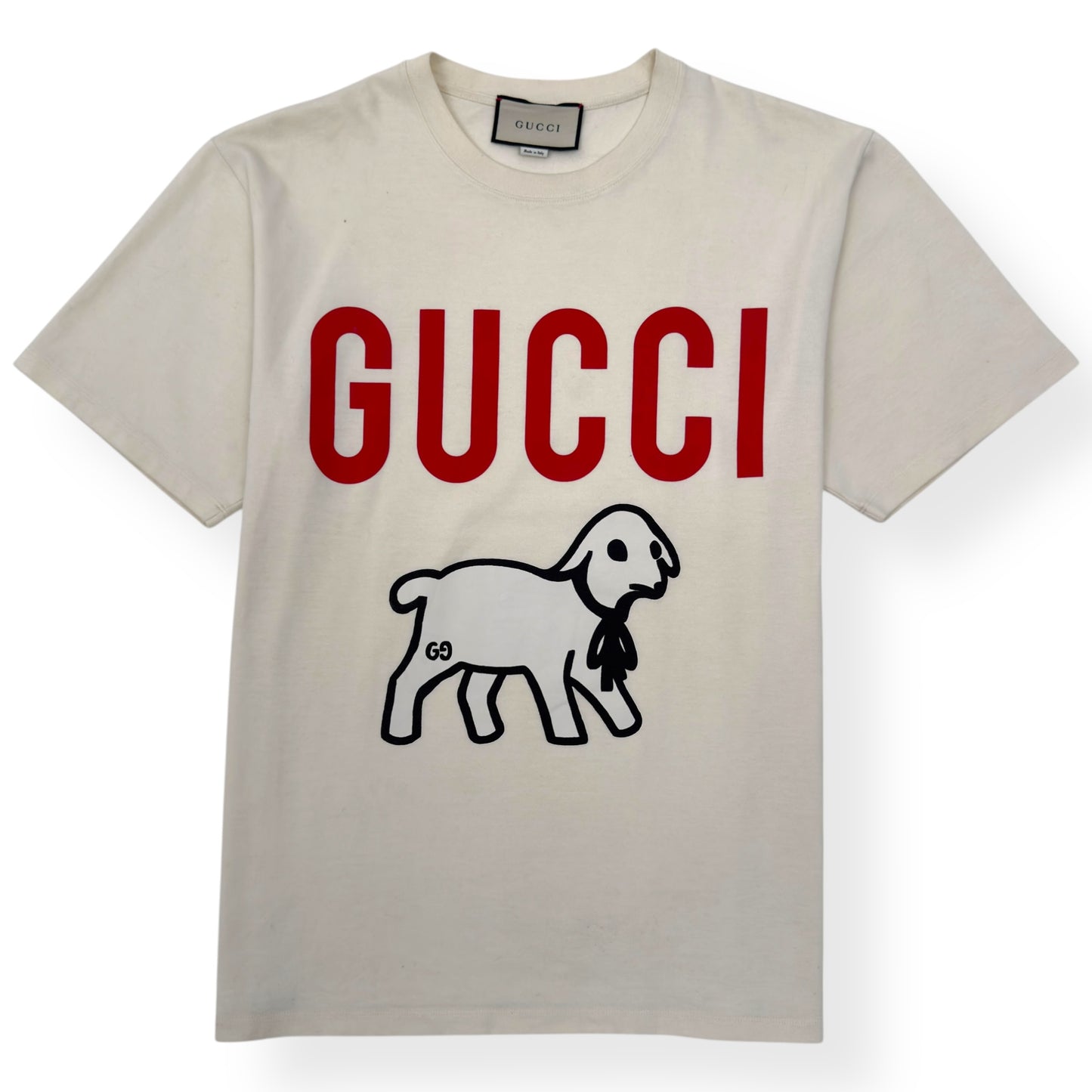GUCCI LAMB PRINT COTTON T-SHIRT CREAM / RED L