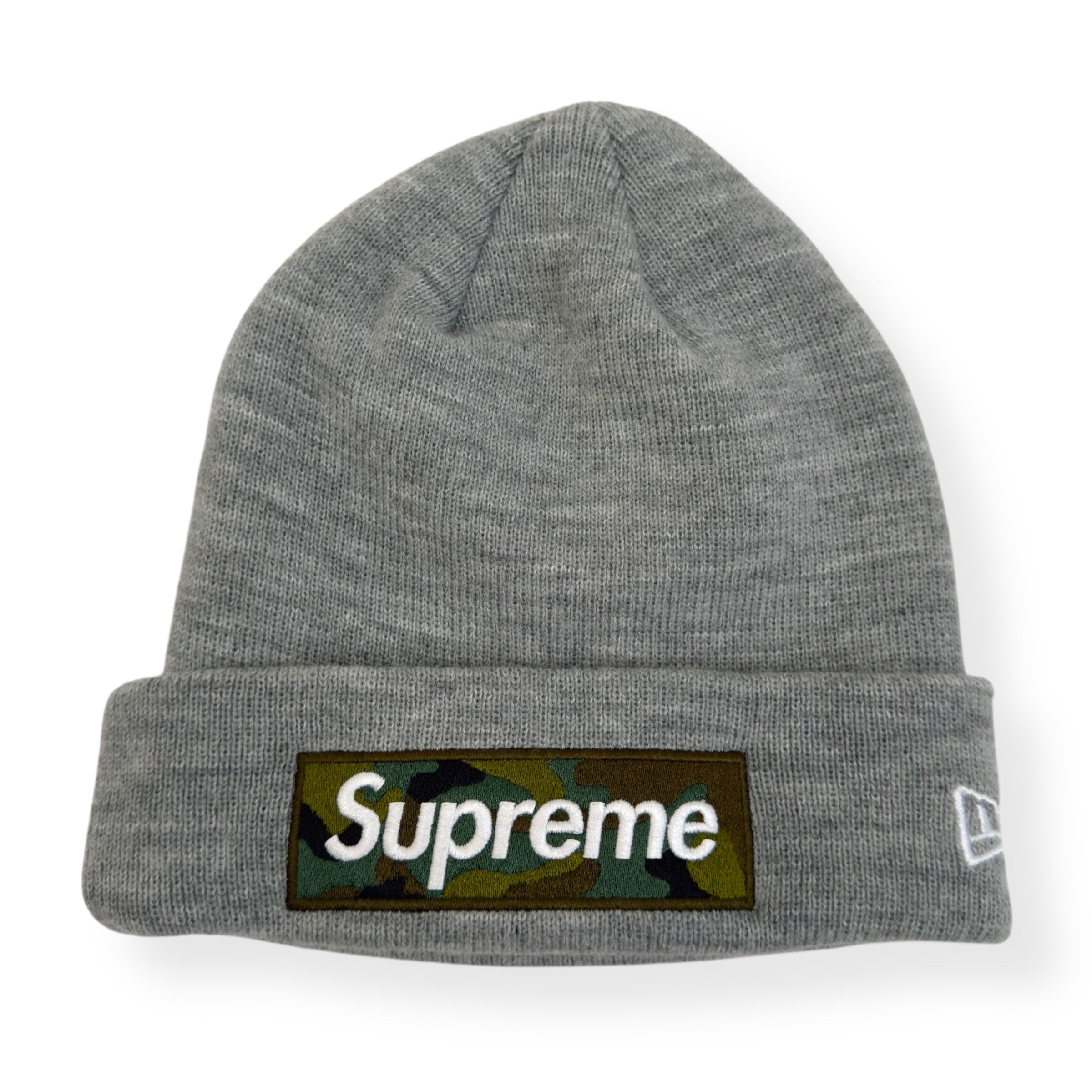 SUPREME X NEW ERA FW23 BOX LOGO BEANIE HEATHER GREY / CAMO O/S