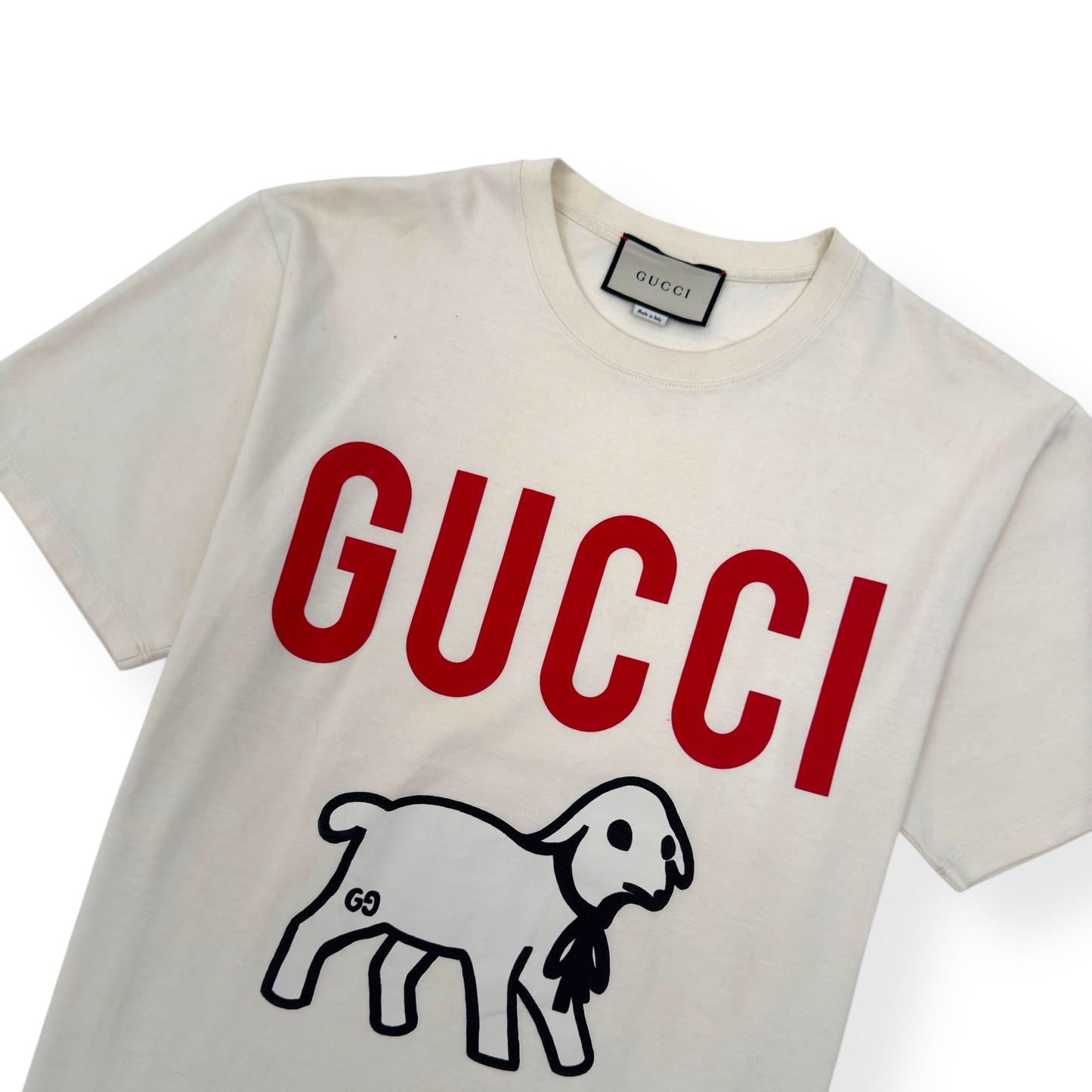 GUCCI LAMB PRINT COTTON T-SHIRT CREAM / RED L