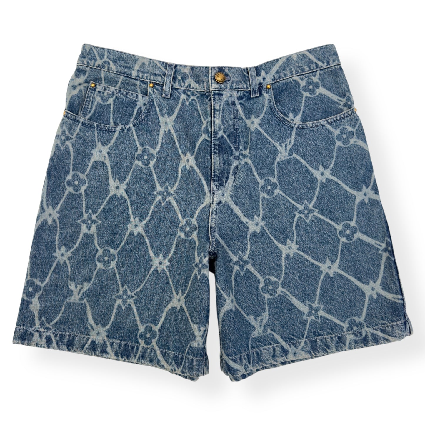 LOUIS VUITTON MONOGRAM PRINTED DENIM SHORTS INDIGO BLUE W34” / L