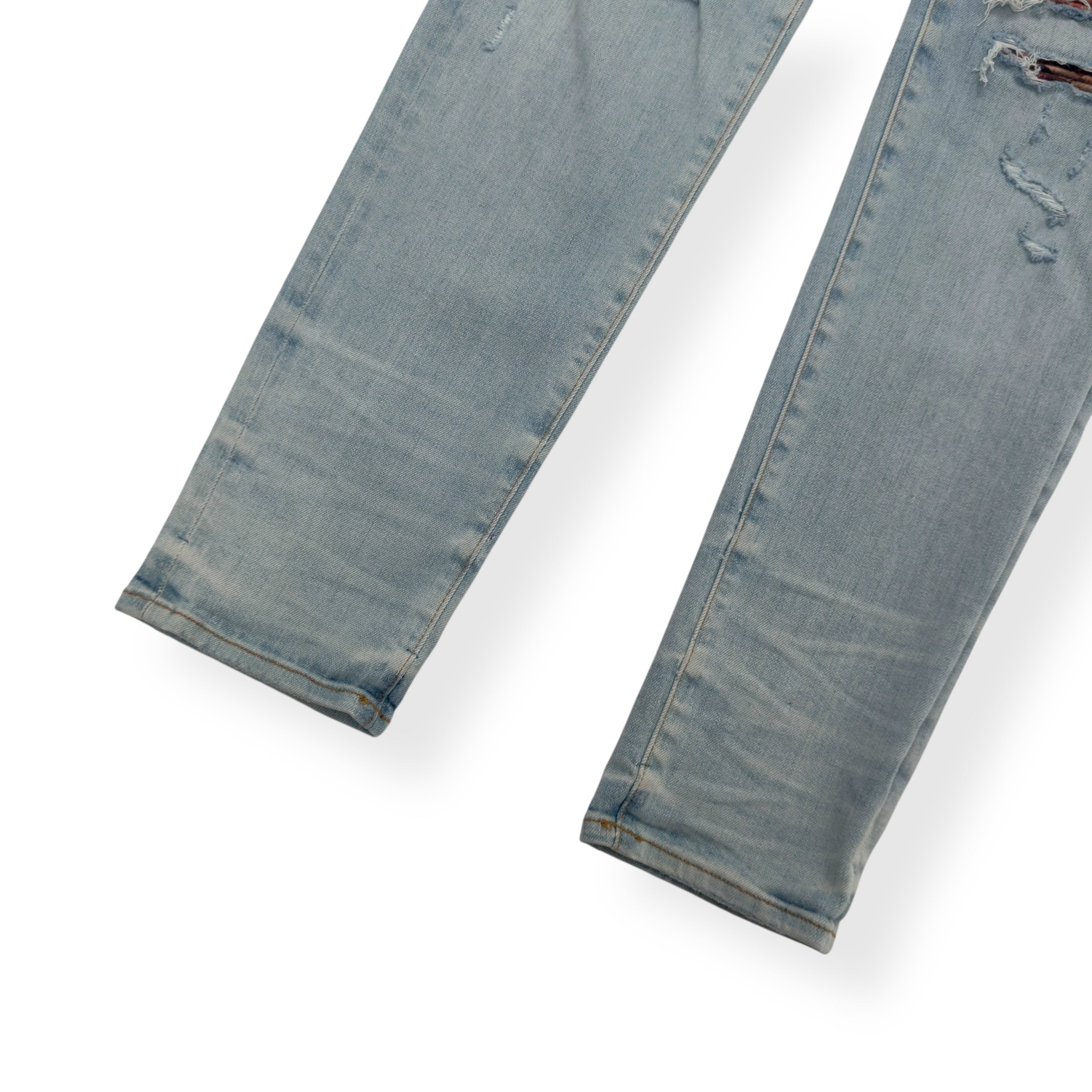 AMIRI PLAID PATCH THRASHER DENIM JEANS BLUE / ORANGE W34”