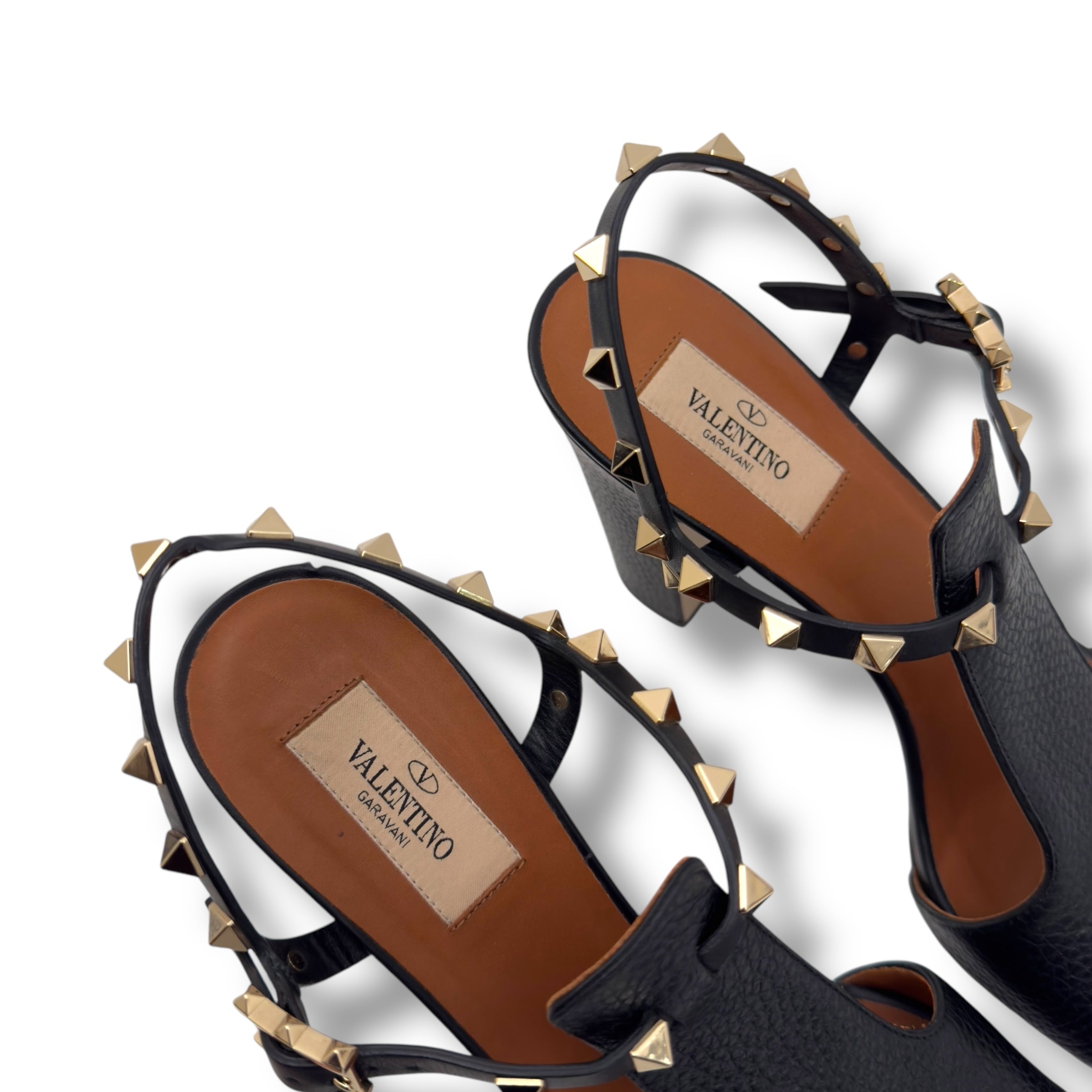 VALENTINO ROCKSTUD ANKLE STRAP LEATHER HEELS 100 BLACK / GOLD EU38 / UK5