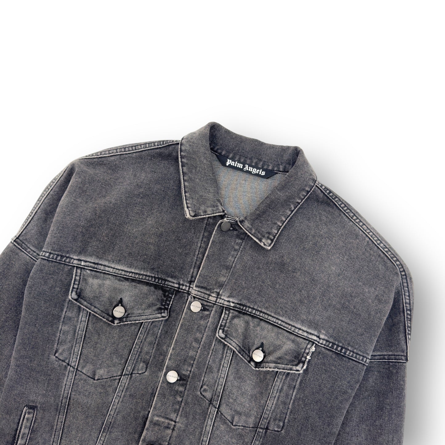 PALM ANGELS LOGO PRINT OVERSIZED DENIM JACKET GREY / WHITE M