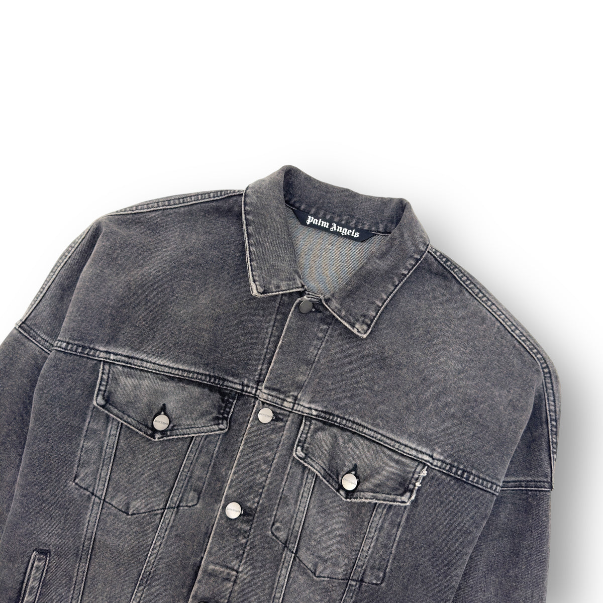 PALM ANGELS LOGO PRINT OVERSIZED DENIM JACKET GREY / WHITE M