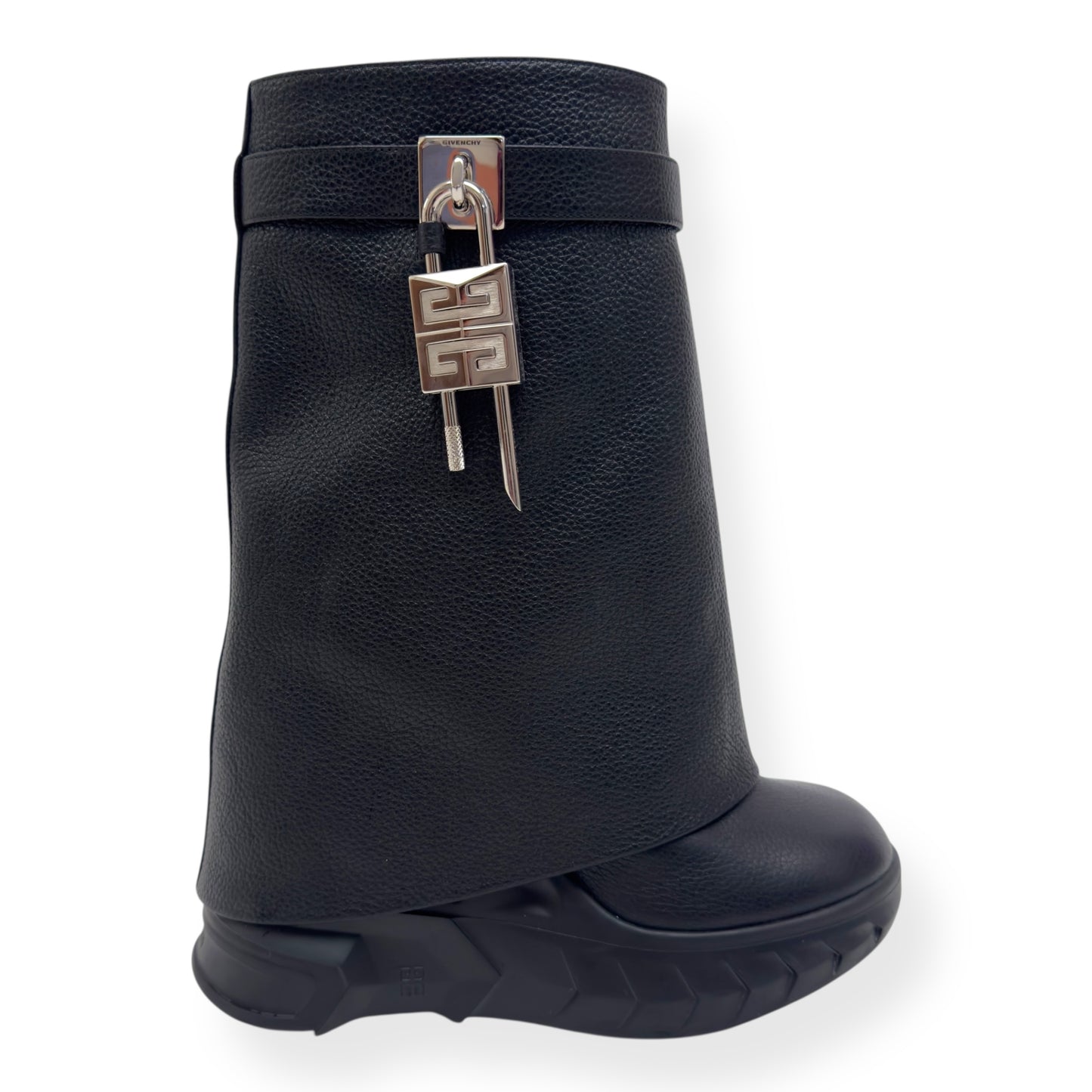 GIVENCHY SHARK LOCK LEATHER HEELED BIKER BOOTS BLACK / SILVER 38 / UK5