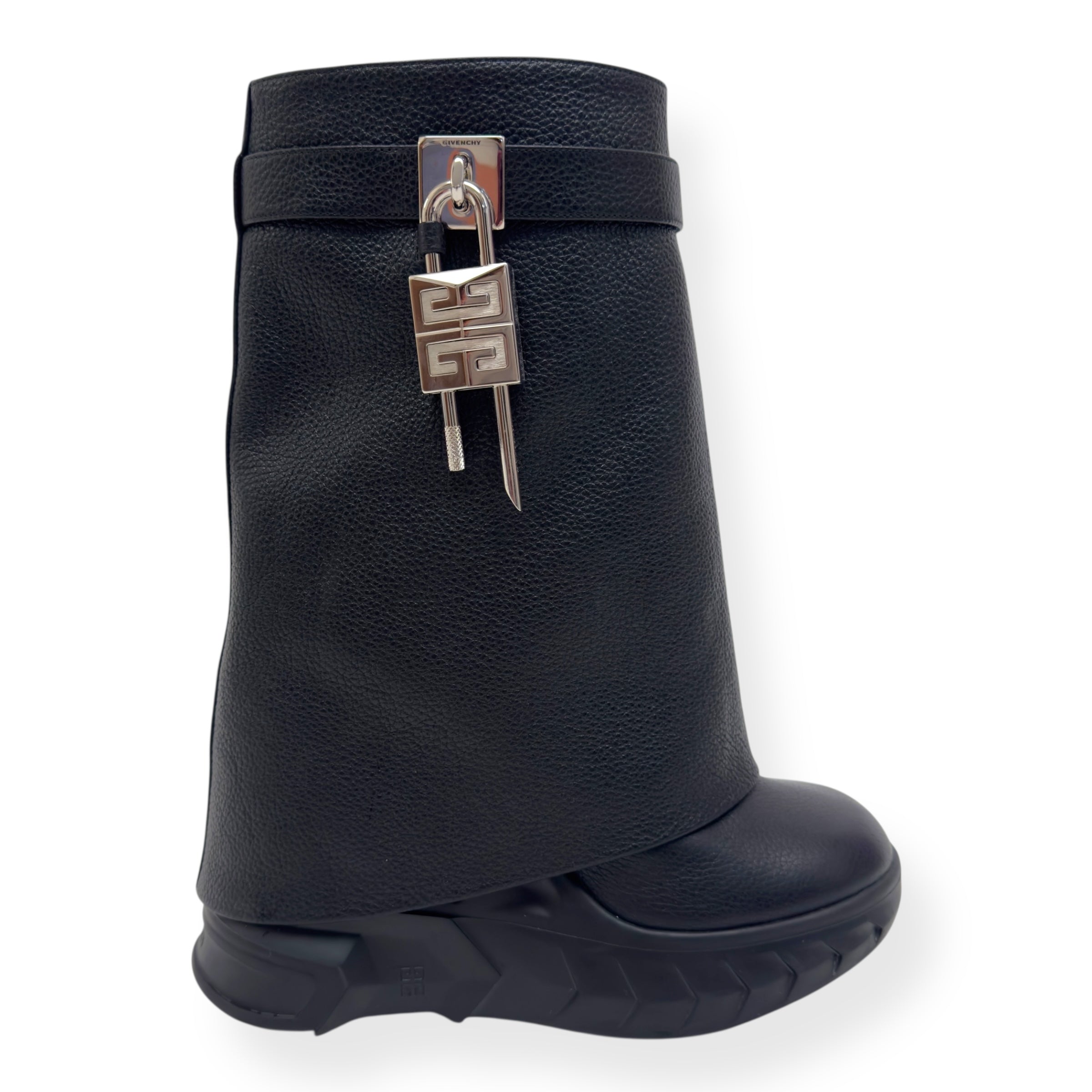 GIVENCHY SHARK LOCK LEATHER HEELED BIKER BOOTS BLACK / SILVER 38 / UK5