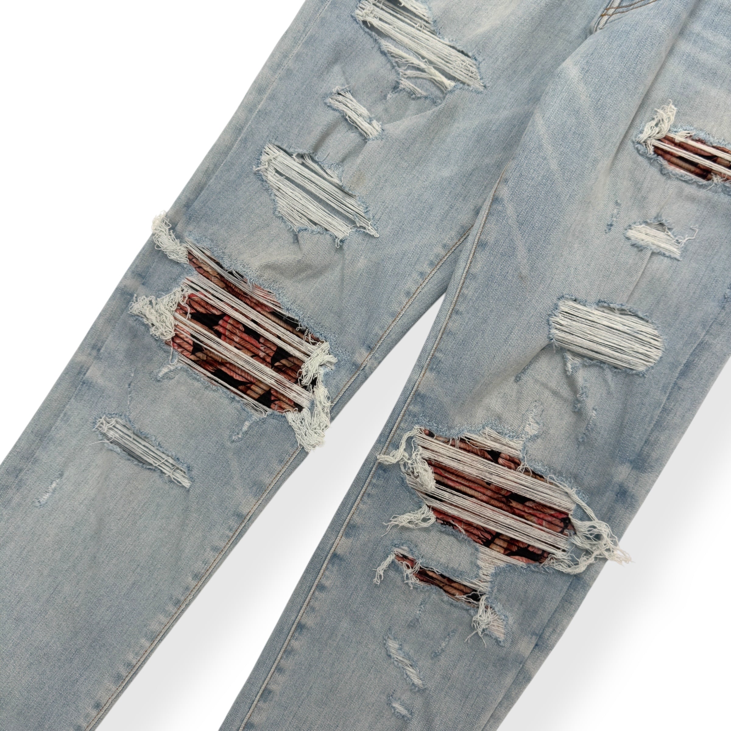 AMIRI PLAID PATCH THRASHER DENIM JEANS BLUE / ORANGE W34”