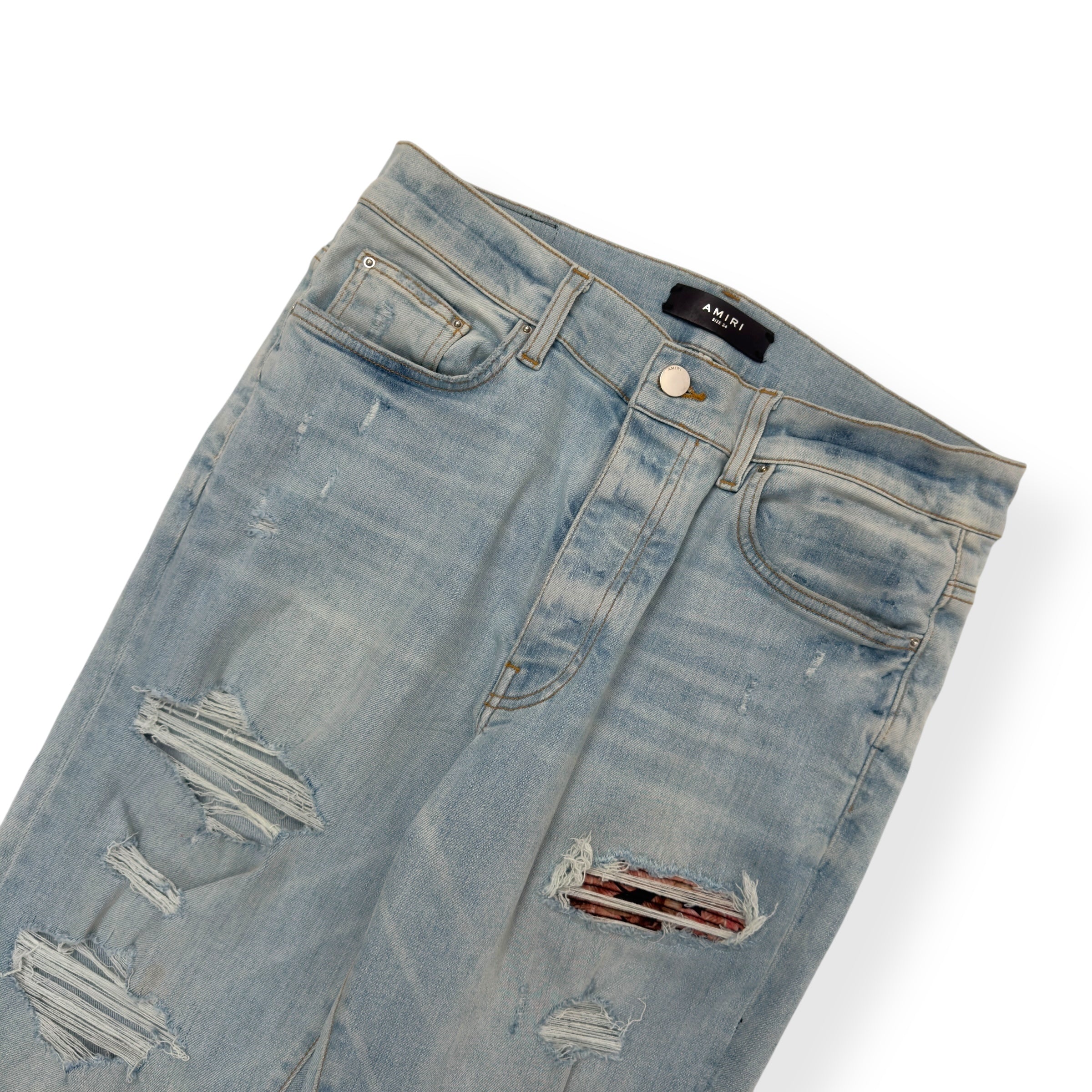 AMIRI PLAID PATCH THRASHER DENIM JEANS BLUE / ORANGE W34”