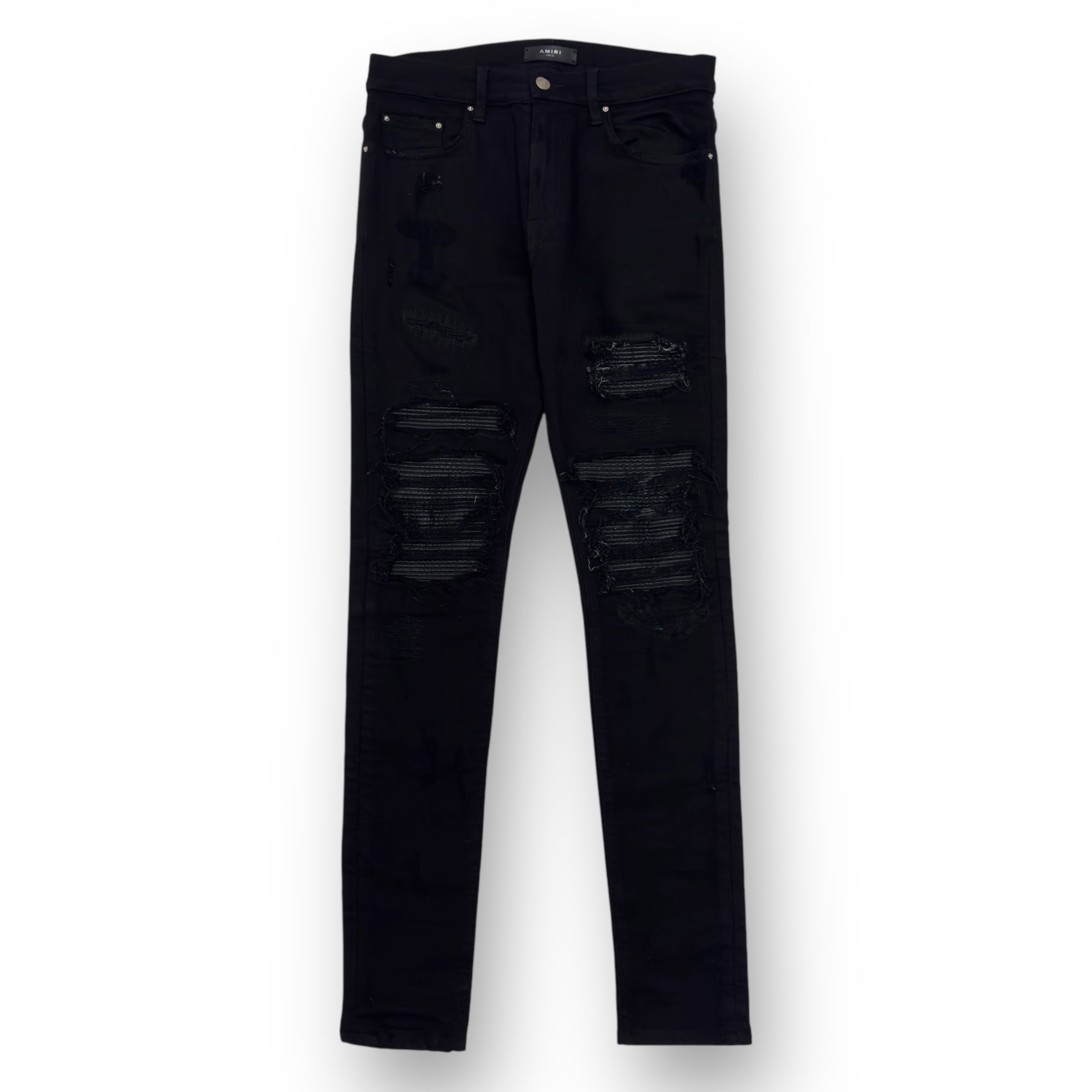 AMIRI MX1 SKINNY FIT LEATHER PATCH DENIM JEANS BLACK W32