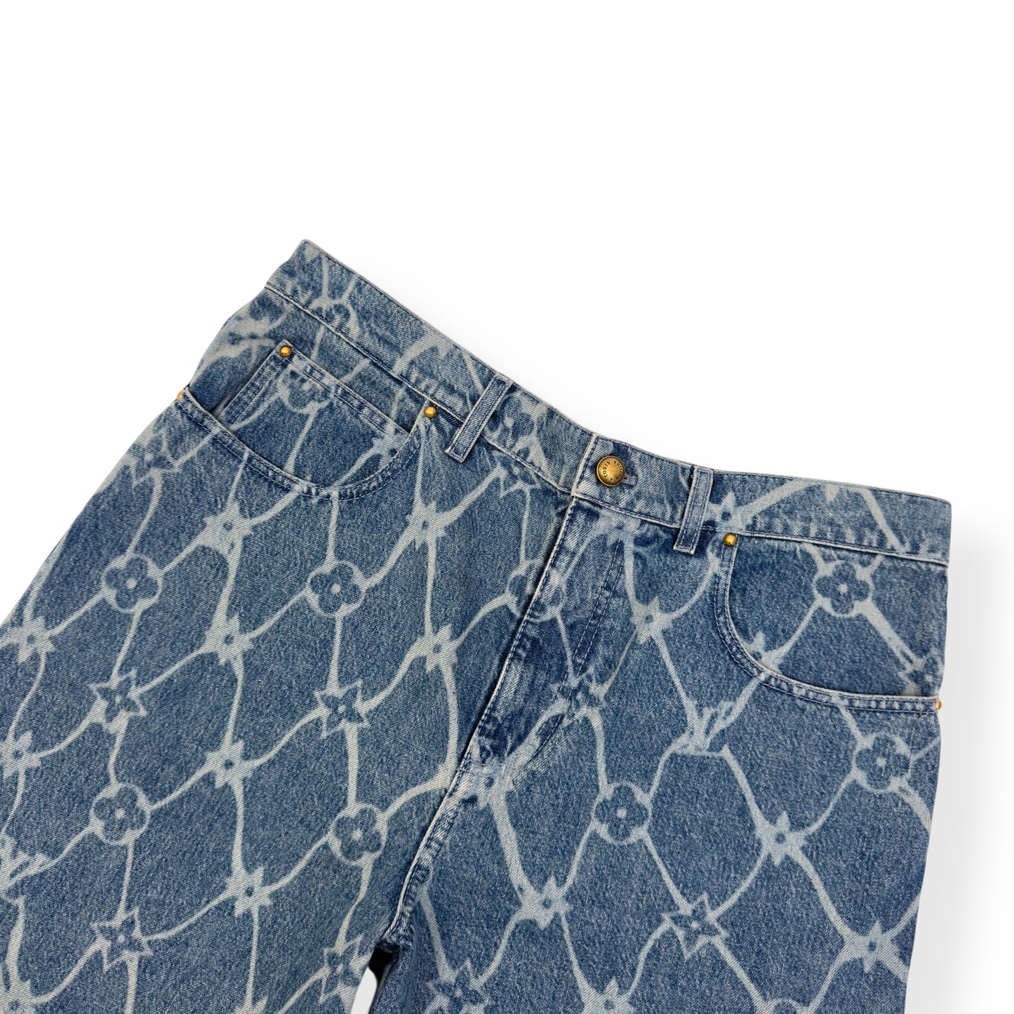 LOUIS VUITTON MONOGRAM PRINTED DENIM SHORTS INDIGO BLUE W34” / L