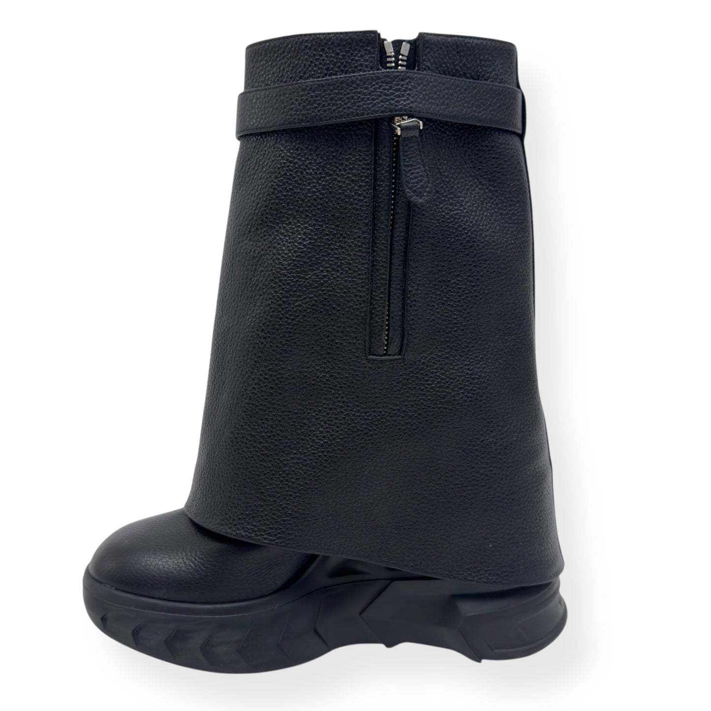 GIVENCHY SHARK LOCK LEATHER HEELED BIKER BOOTS BLACK / SILVER 38 / UK5