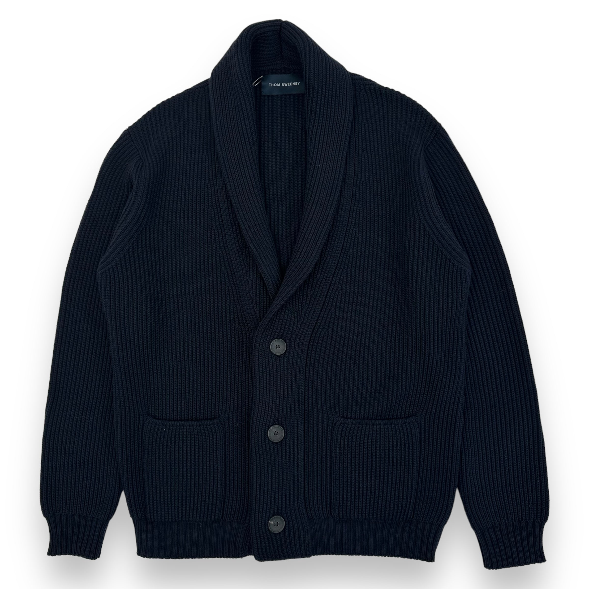 THOM SWEENEY AW23 SINGLE BREASTED WOOL / CASHMERE CARDIGAN NAVY L