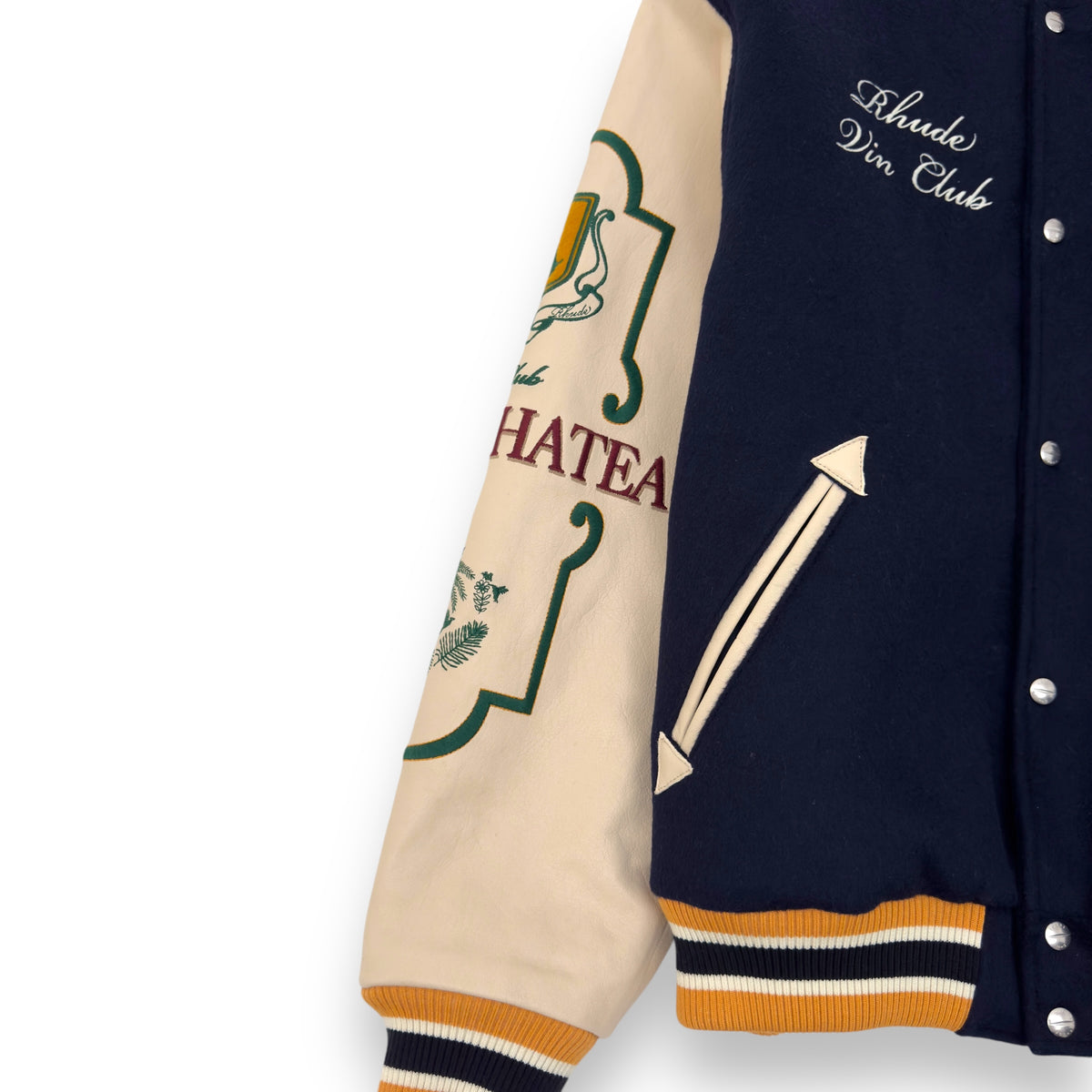RHUDE WINE CLUB LEATHER / WOOL VARSITY JACKET NAVY / CREAM / MUSTARD XL
