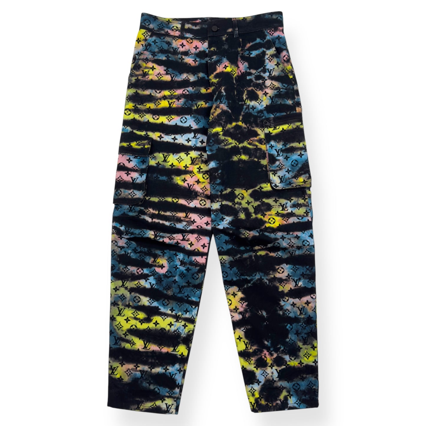 LOUIS VUITTON MONOGRAM TIE-DYE DENIM CARGO TROUSERS MULTICOLOURED W32”