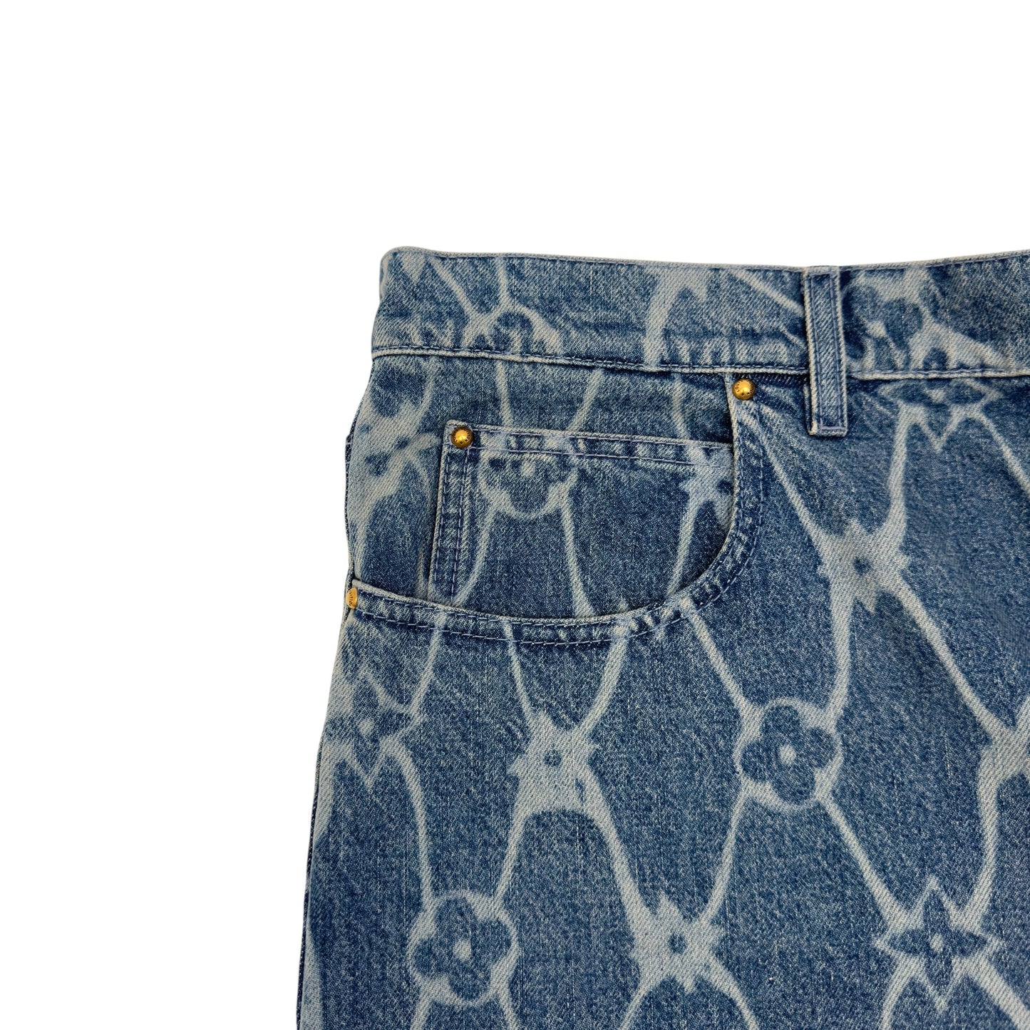 LOUIS VUITTON MONOGRAM PRINTED DENIM SHORTS INDIGO BLUE W34” / L