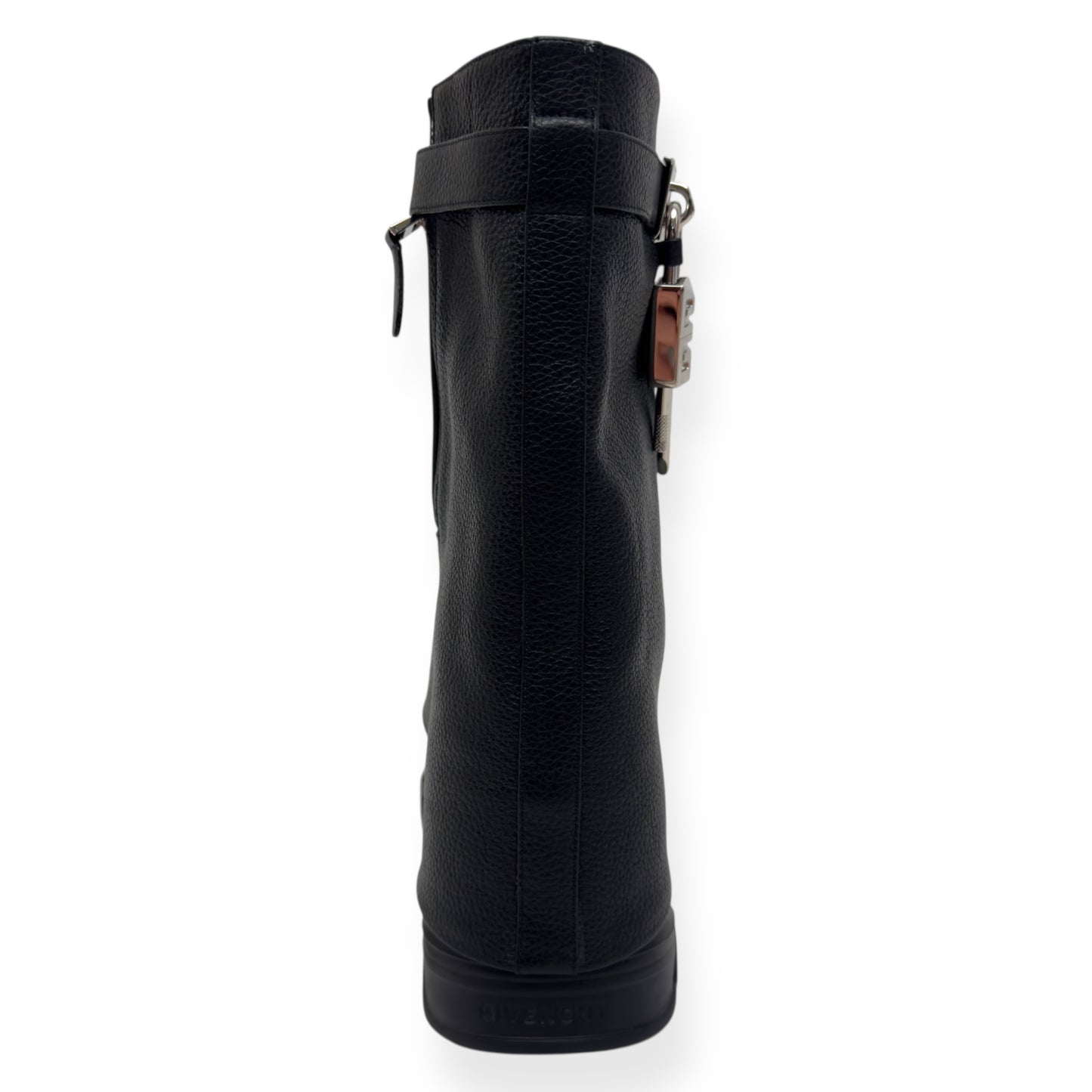 GIVENCHY SHARK LOCK LEATHER HEELED BIKER BOOTS BLACK / SILVER 38 / UK5