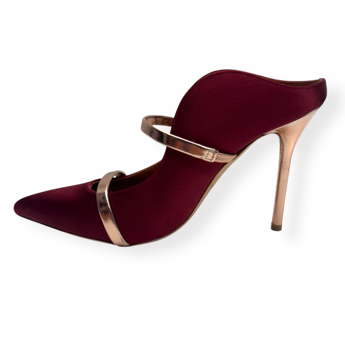 MALONE SOULIERS MAUREEN 100MM STILETTO SATIN / LEATHER MULES WINE / ROSE 36 / UK3