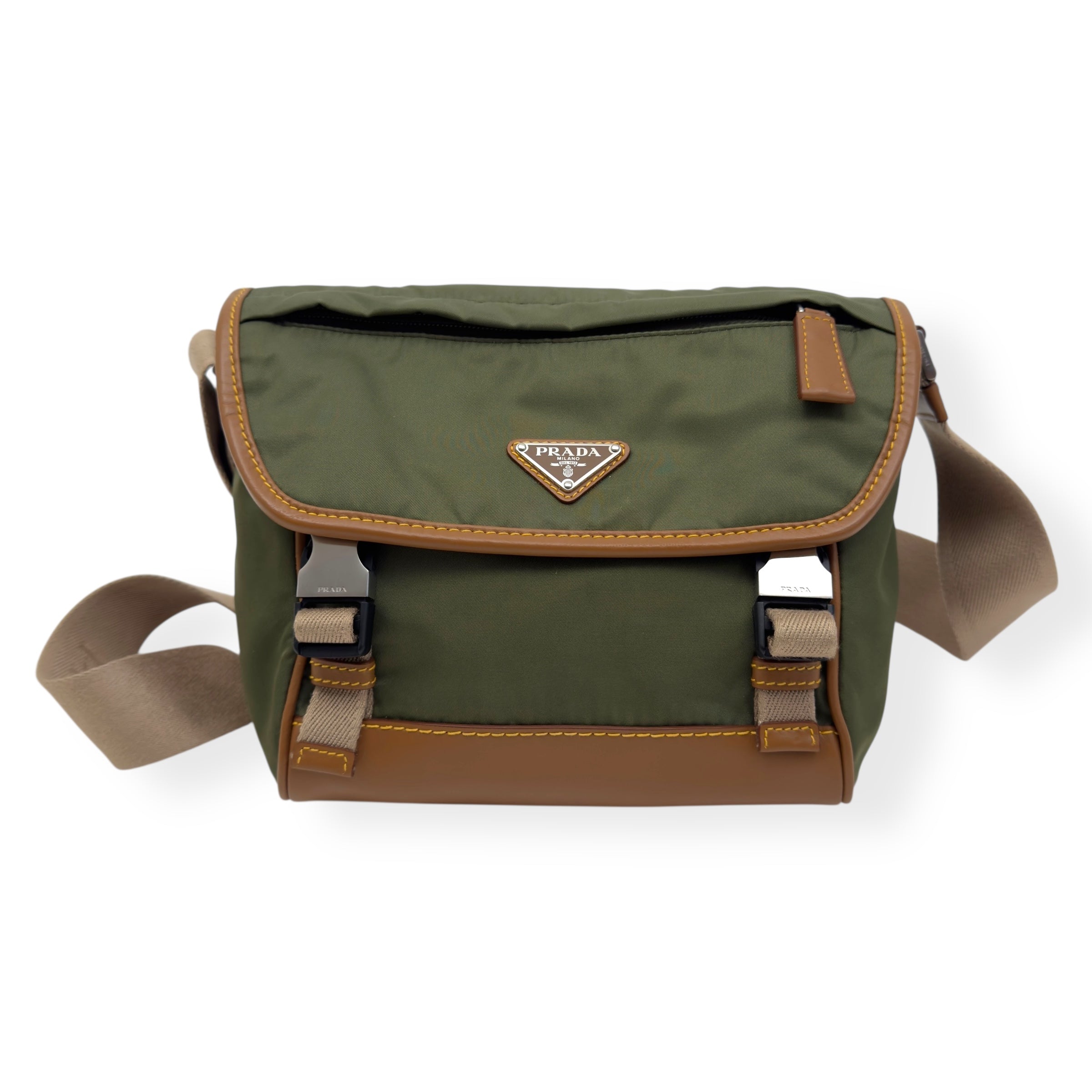 PRADA RE-NYLON AND LEATHER SHOULDER BAG MILITARY GREEN / CARAMEL S