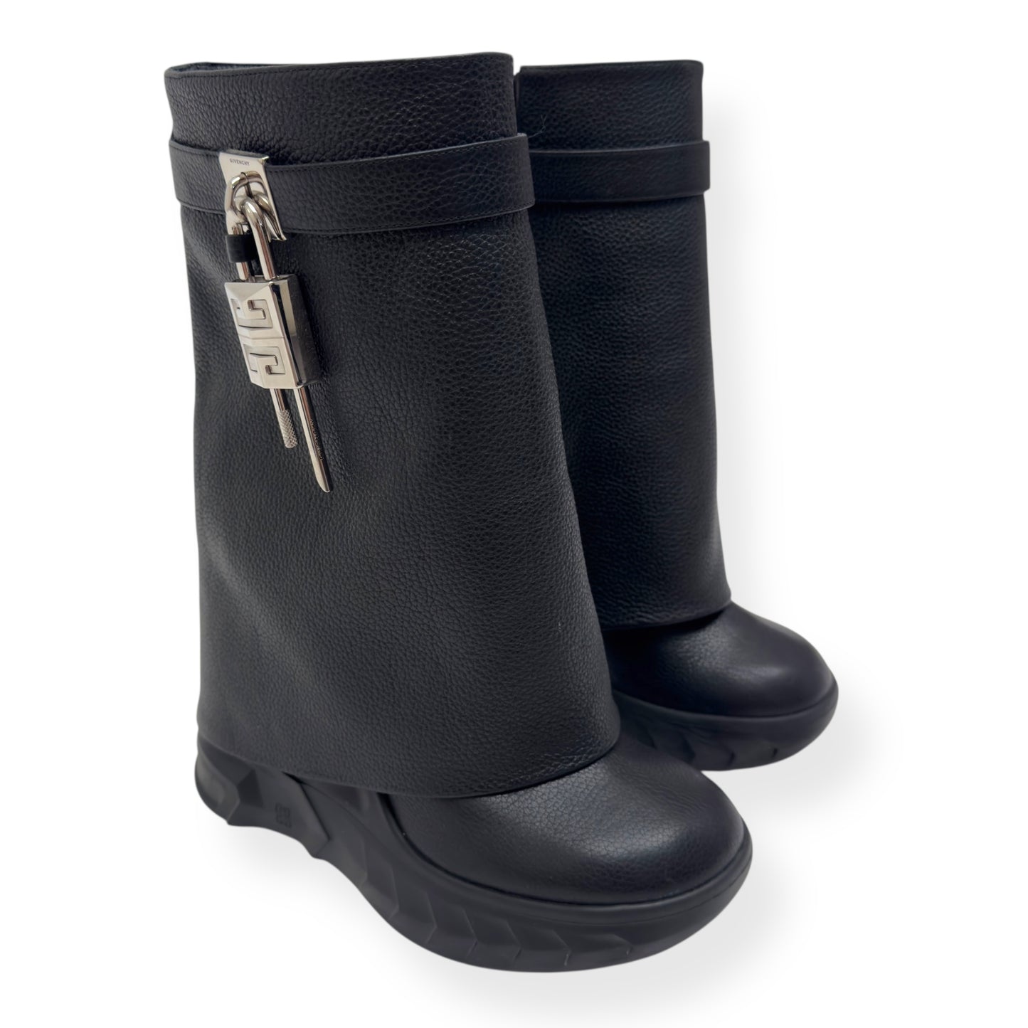 GIVENCHY SHARK LOCK LEATHER HEELED BIKER BOOTS BLACK / SILVER 38 / UK5
