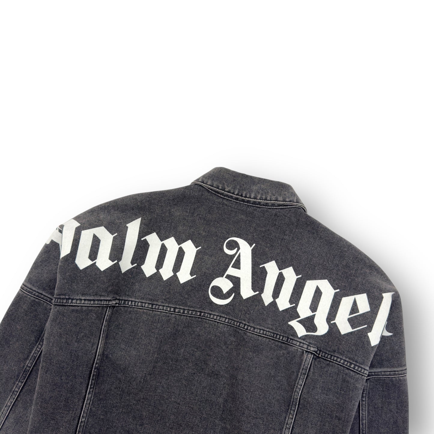PALM ANGELS LOGO PRINT OVERSIZED DENIM JACKET GREY / WHITE M