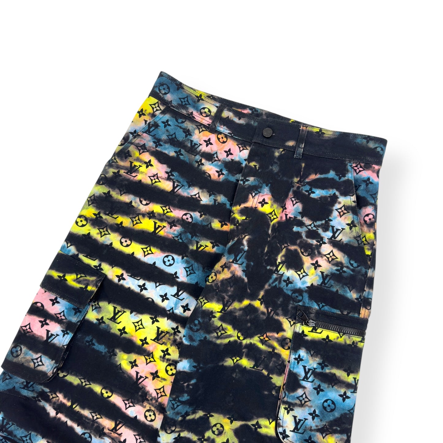 LOUIS VUITTON MONOGRAM TIE-DYE DENIM CARGO TROUSERS MULTICOLOURED W32”