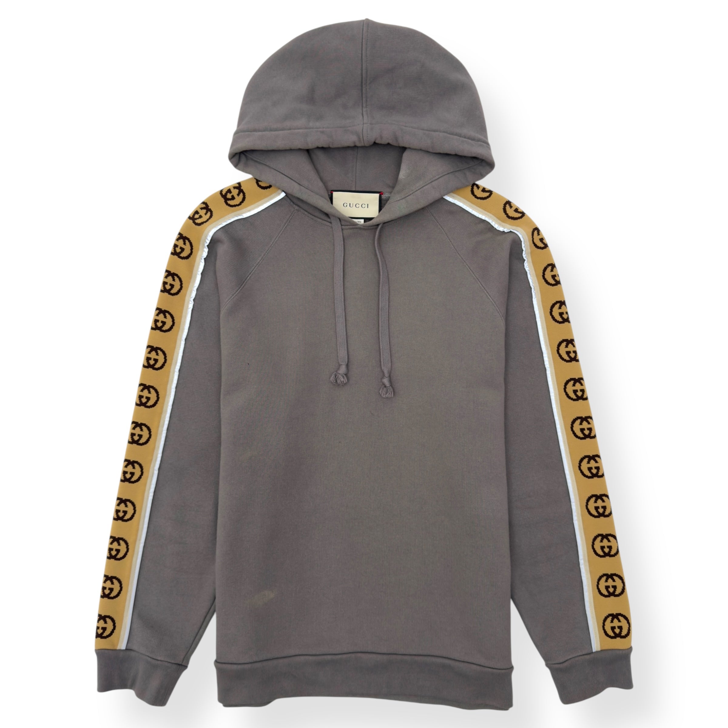 GUCCI TAPE DETAIL COTTON HOODIE GREY / BEIGE M