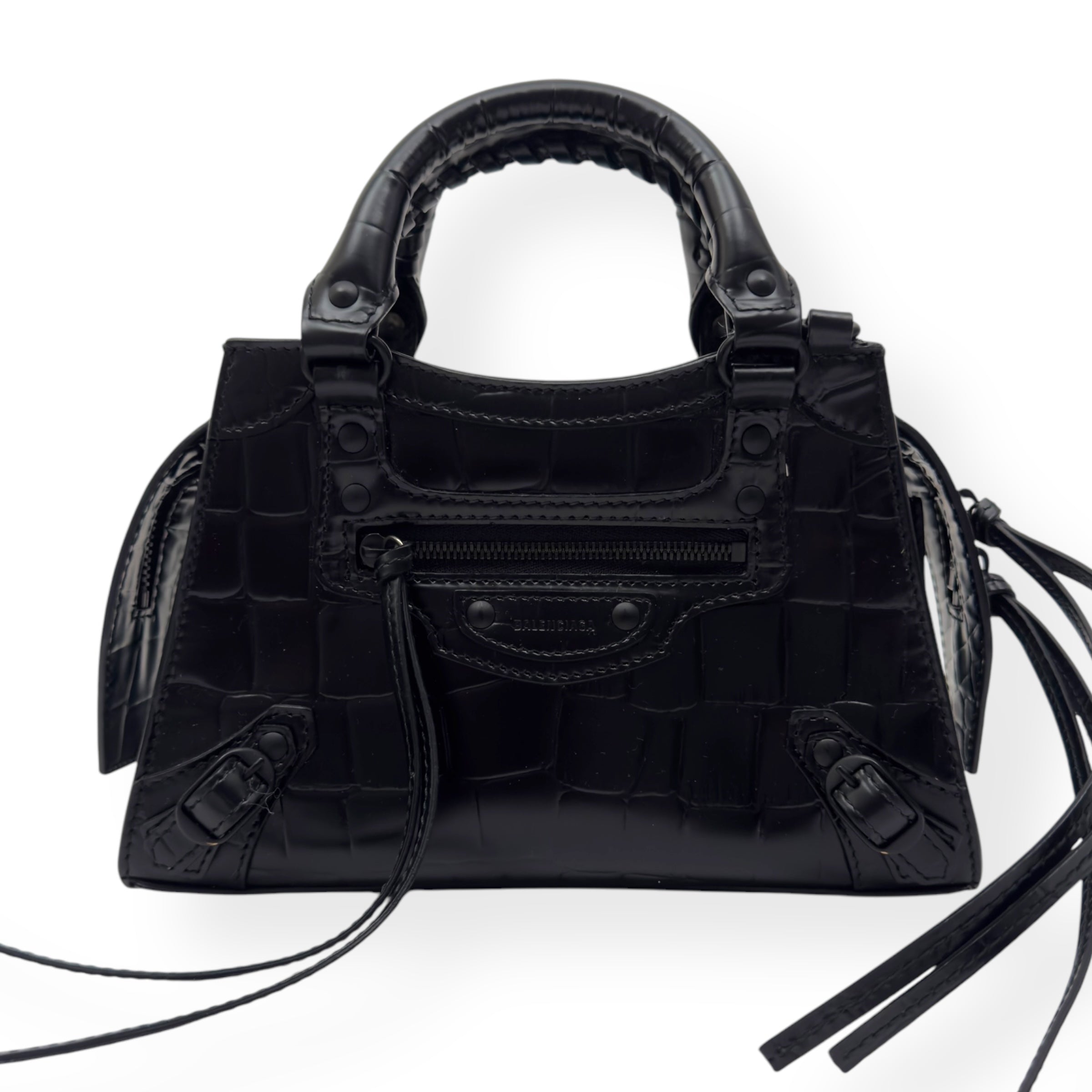 BALENCIAGA NEO CLASSIC CROC EMBOSSED LEATHER SHOULDER BAG BLACK MINI