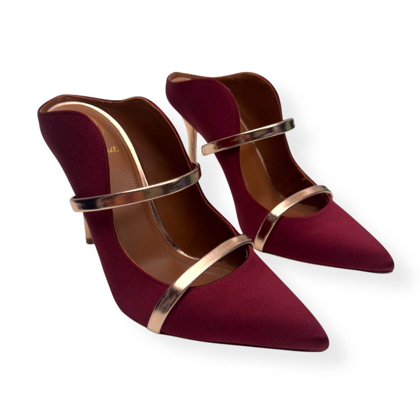 MALONE SOULIERS MAUREEN 100MM STILETTO SATIN / LEATHER MULES WINE / ROSE 36 / UK3