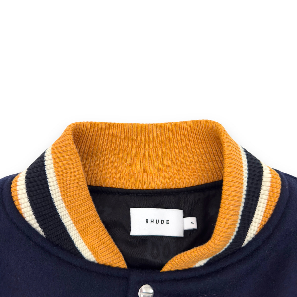 RHUDE WINE CLUB LEATHER / WOOL VARSITY JACKET NAVY / CREAM / MUSTARD XL
