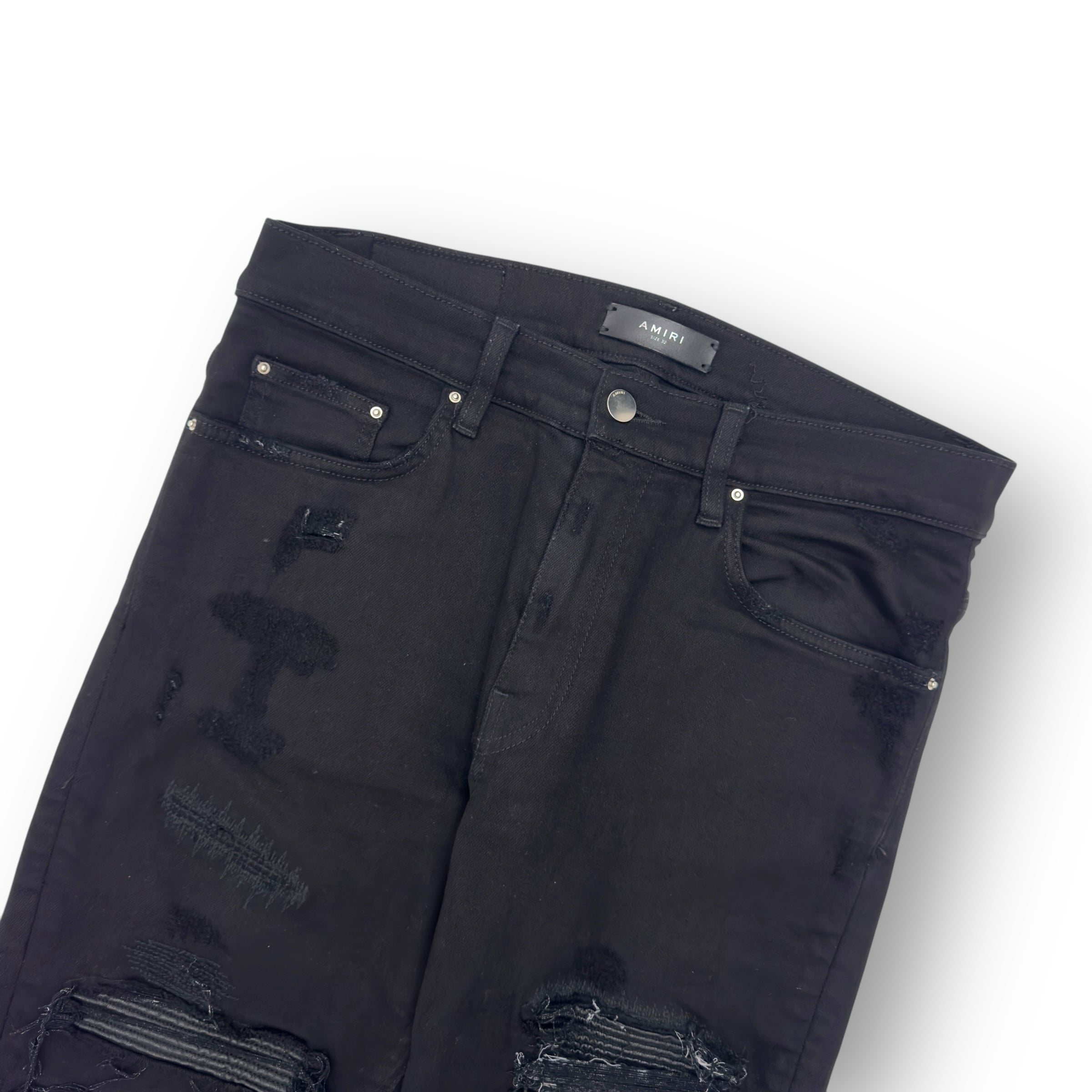 AMIRI MX1 SKINNY FIT LEATHER PATCH DENIM JEANS BLACK W32