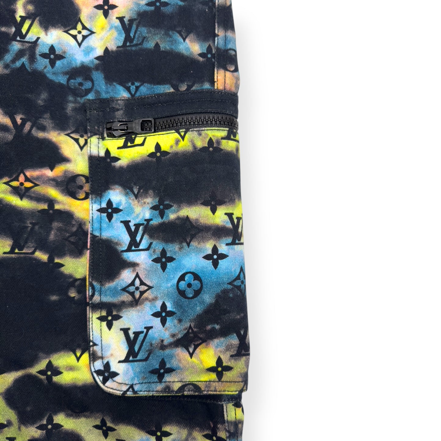 LOUIS VUITTON MONOGRAM TIE-DYE DENIM CARGO TROUSERS MULTICOLOURED W32”