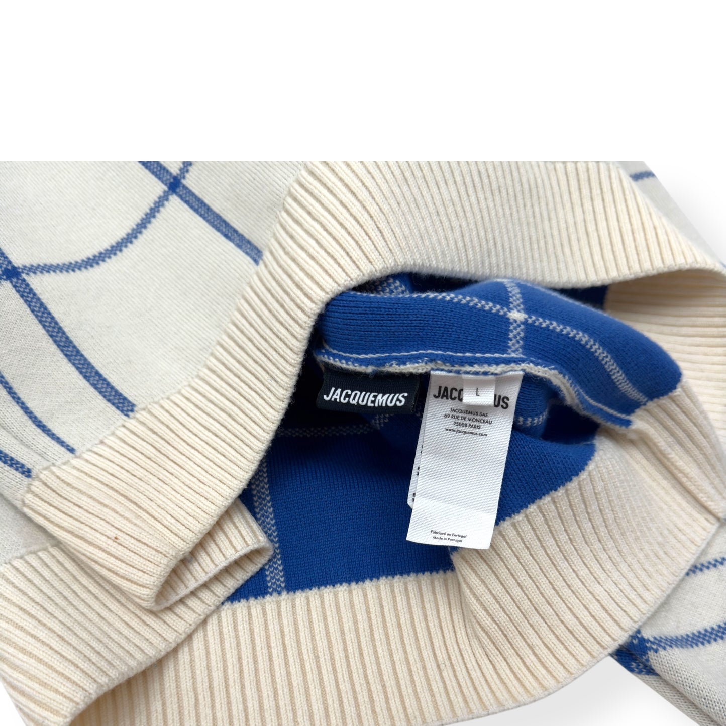 JACQUEMUS LA MAILLE CARRO PLAID-PATTERNED SWEATER WHITE / BLUE L