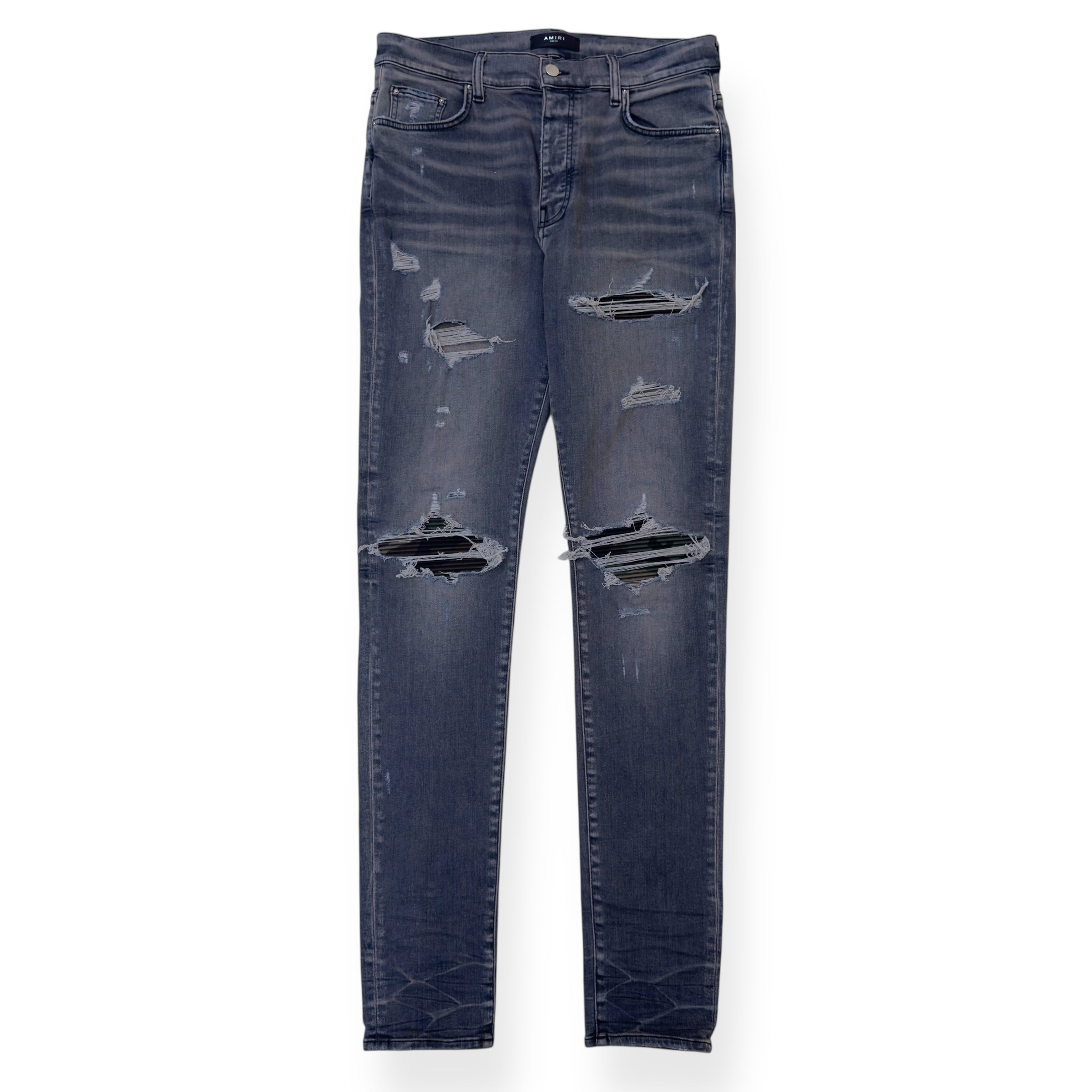 AMIRI MX1 SKINNY CAMO PATCH DENIM JEANS GREY W34”