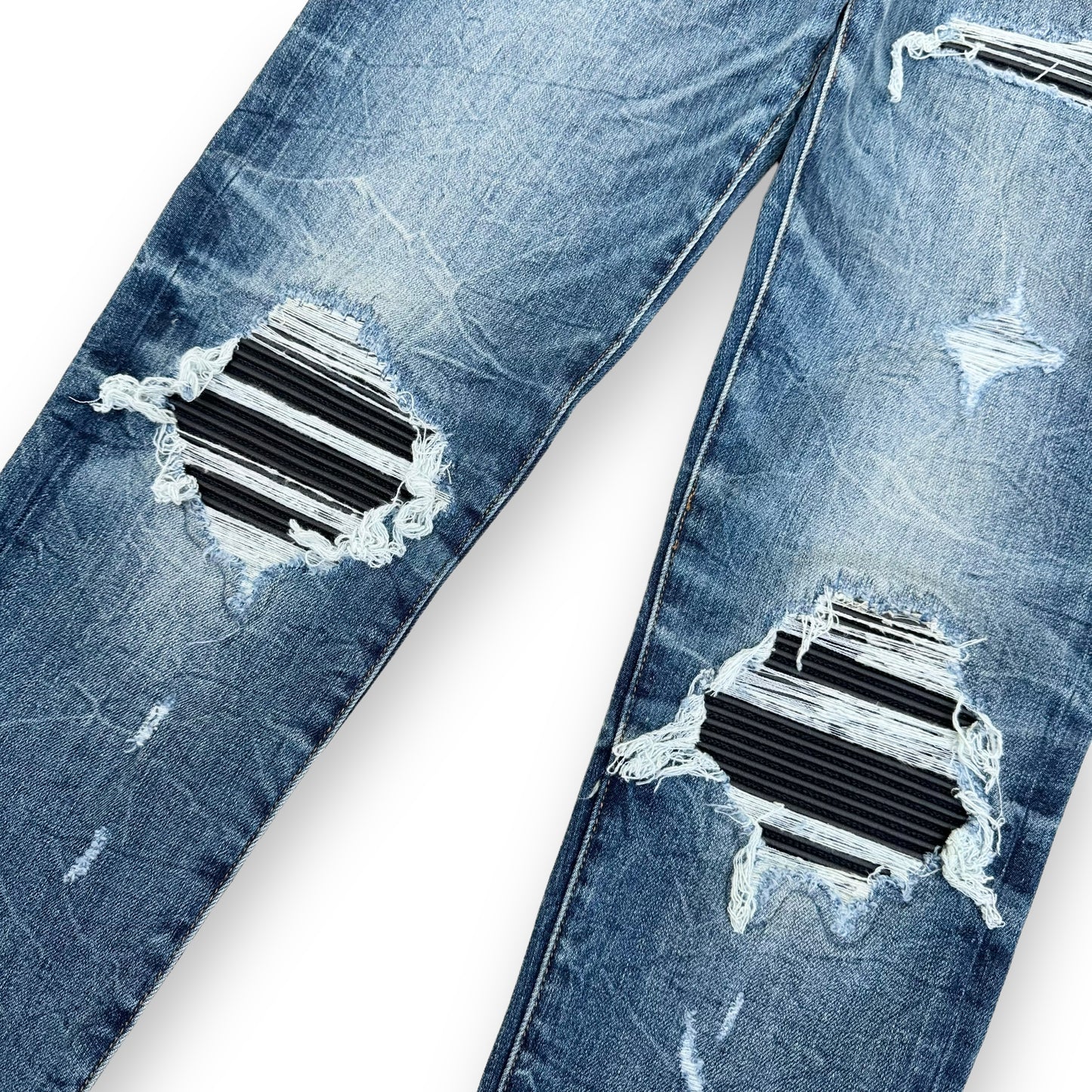 AMIRI MX1 DISTRESSED LEATHER PATCH DENIM JEANS BLUE 30W
