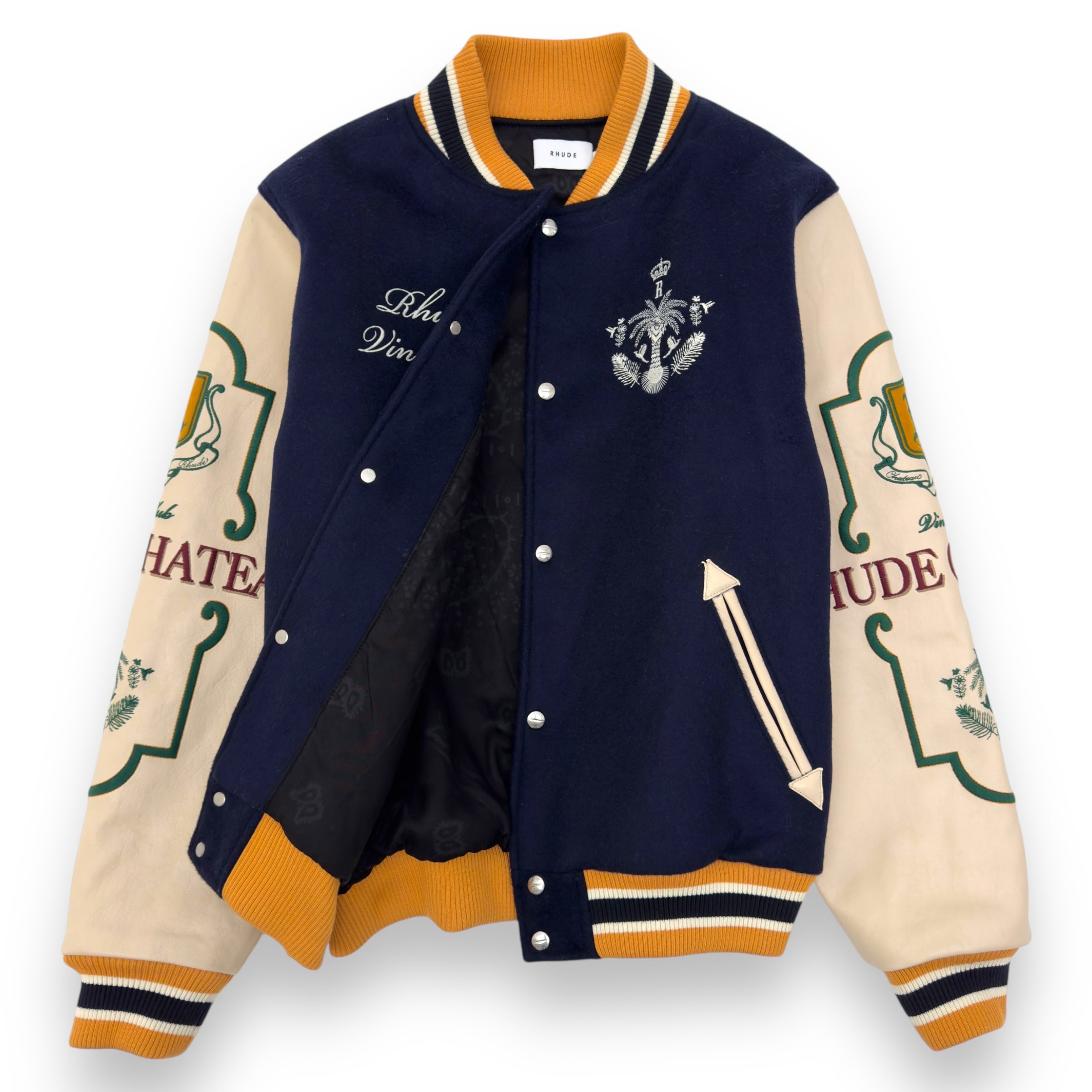 RHUDE WINE CLUB LEATHER / WOOL VARSITY JACKET NAVY / CREAM / MUSTARD XL