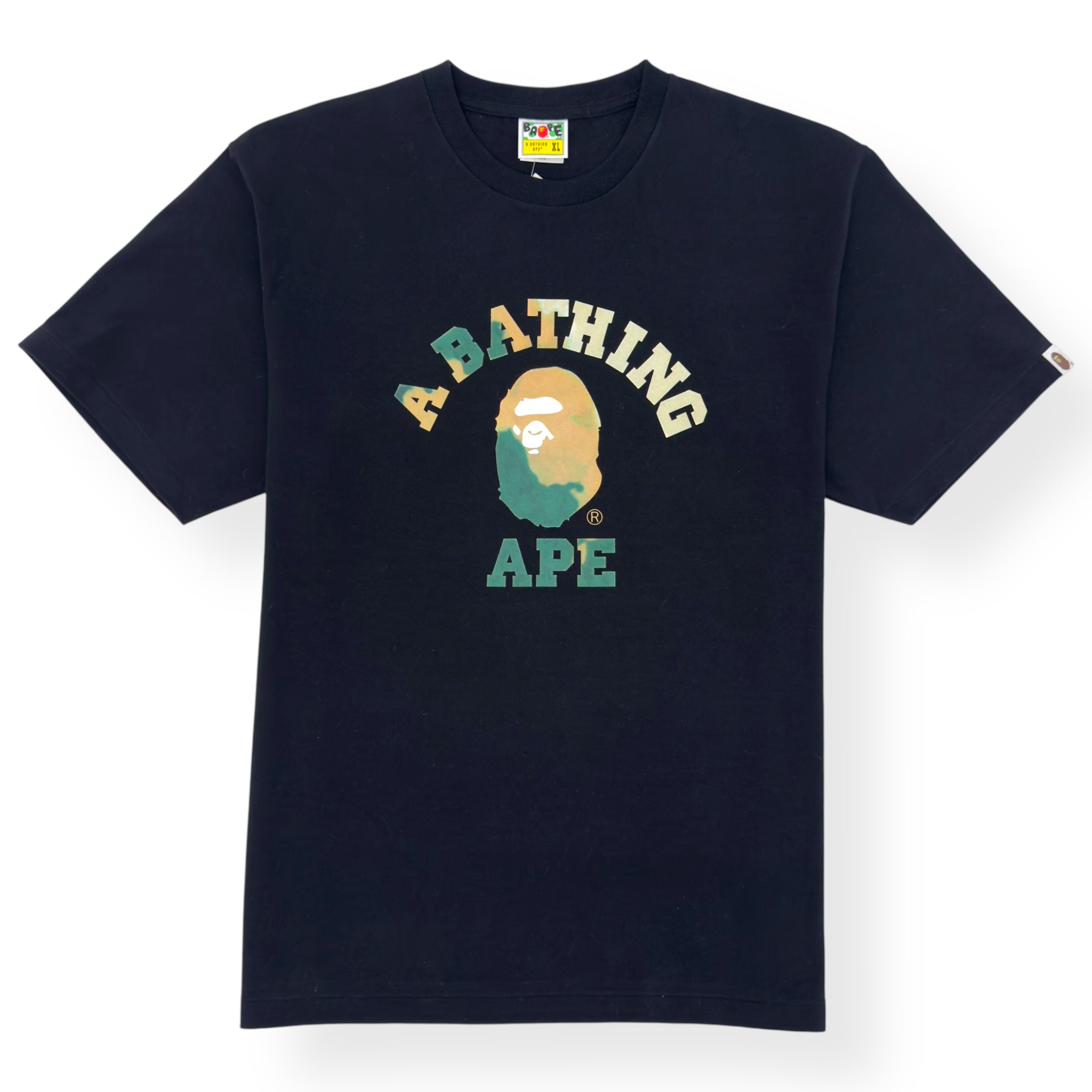 A BATHING APE TIE DYE COLLEGE T-SHIRT BLACK / GREEN XL