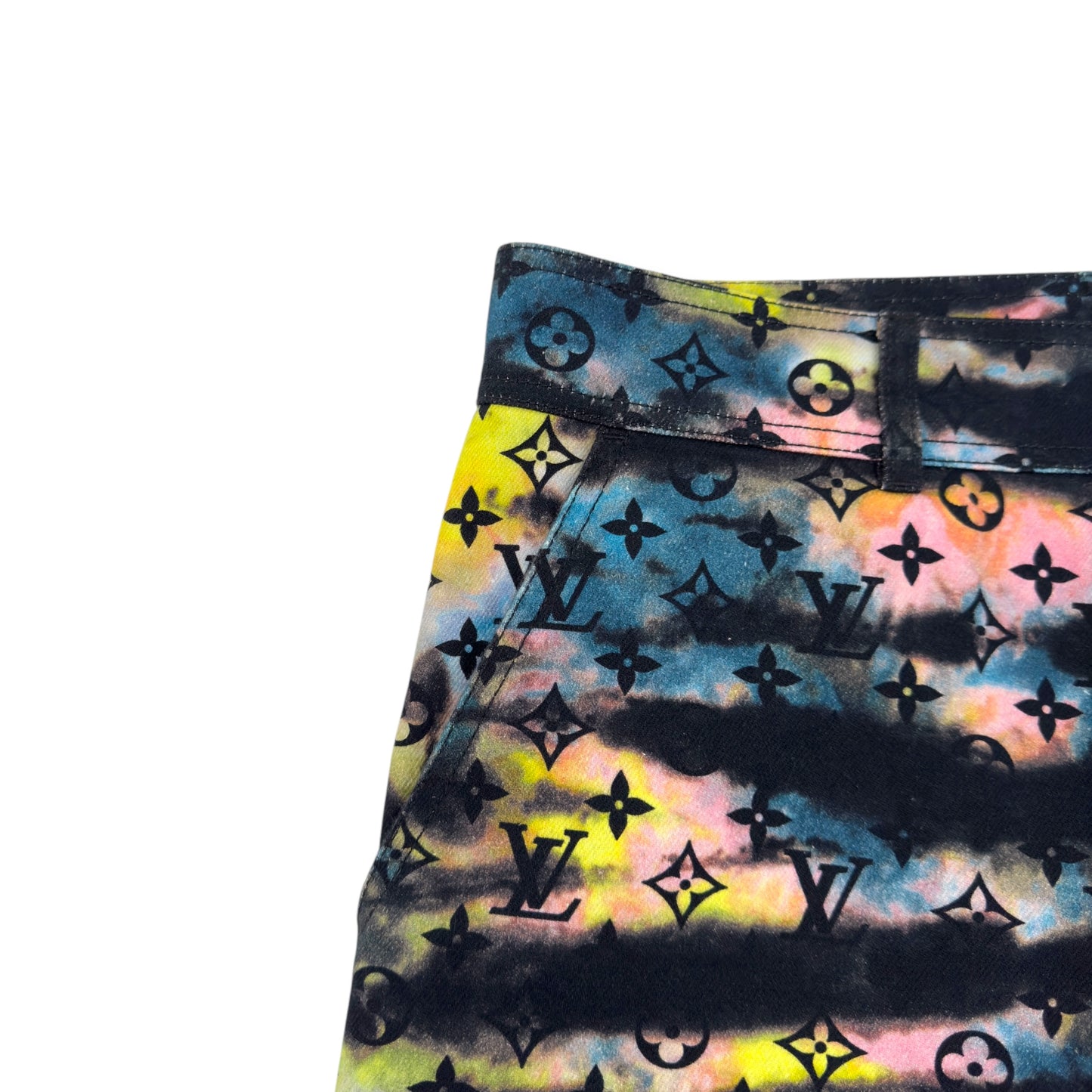 LOUIS VUITTON MONOGRAM TIE-DYE DENIM CARGO TROUSERS MULTICOLOURED W32”