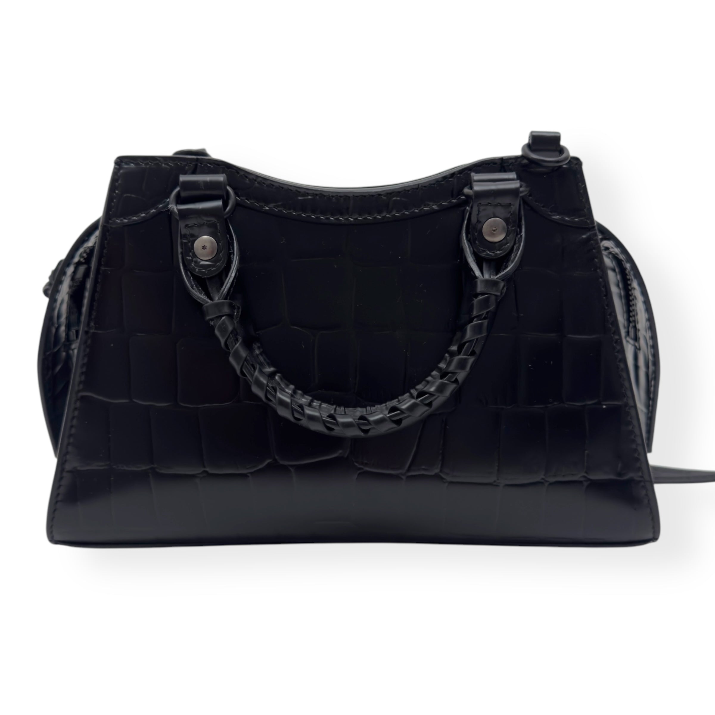BALENCIAGA NEO CLASSIC CROC EMBOSSED LEATHER SHOULDER BAG BLACK MINI