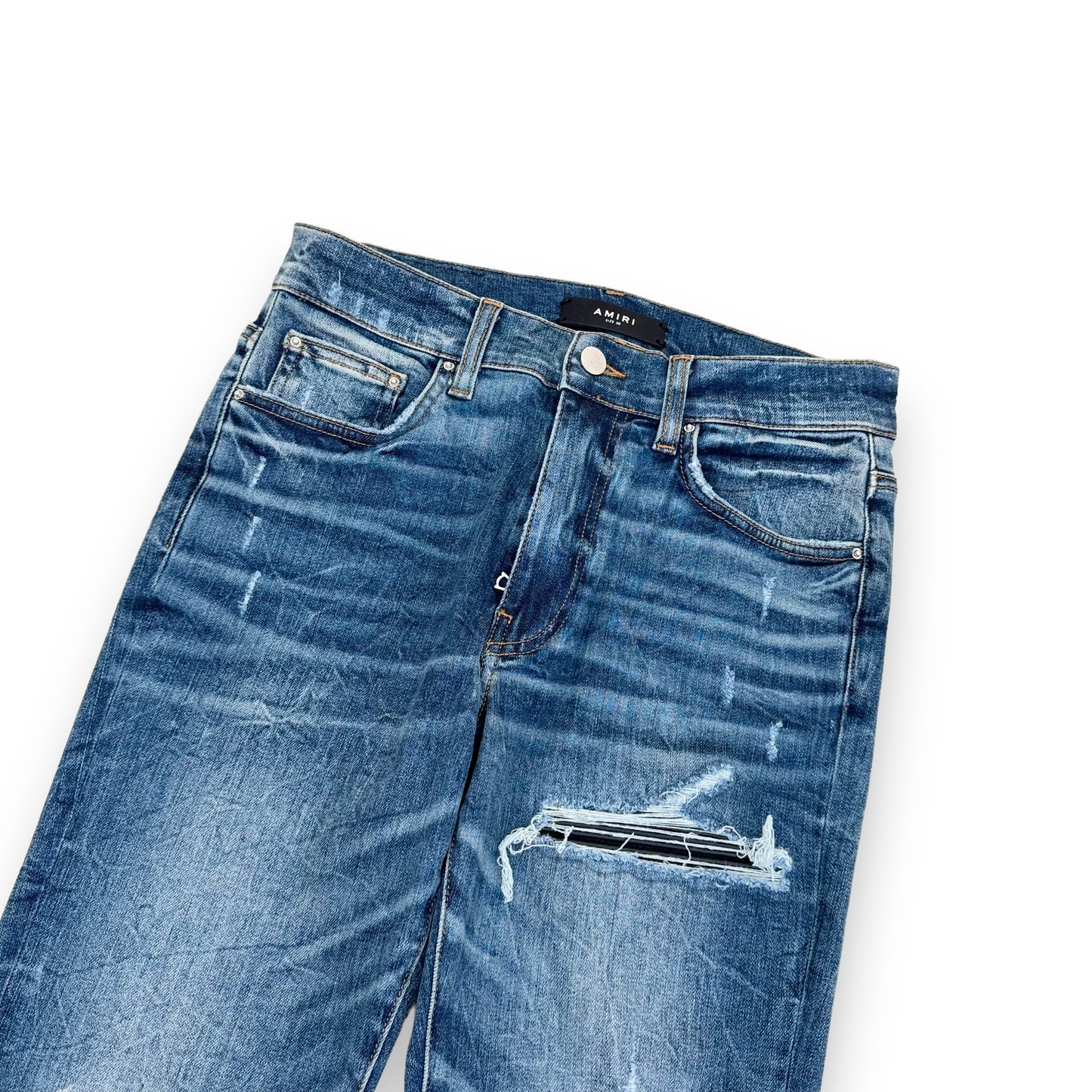 AMIRI MX1 DISTRESSED LEATHER PATCH DENIM JEANS BLUE 30W
