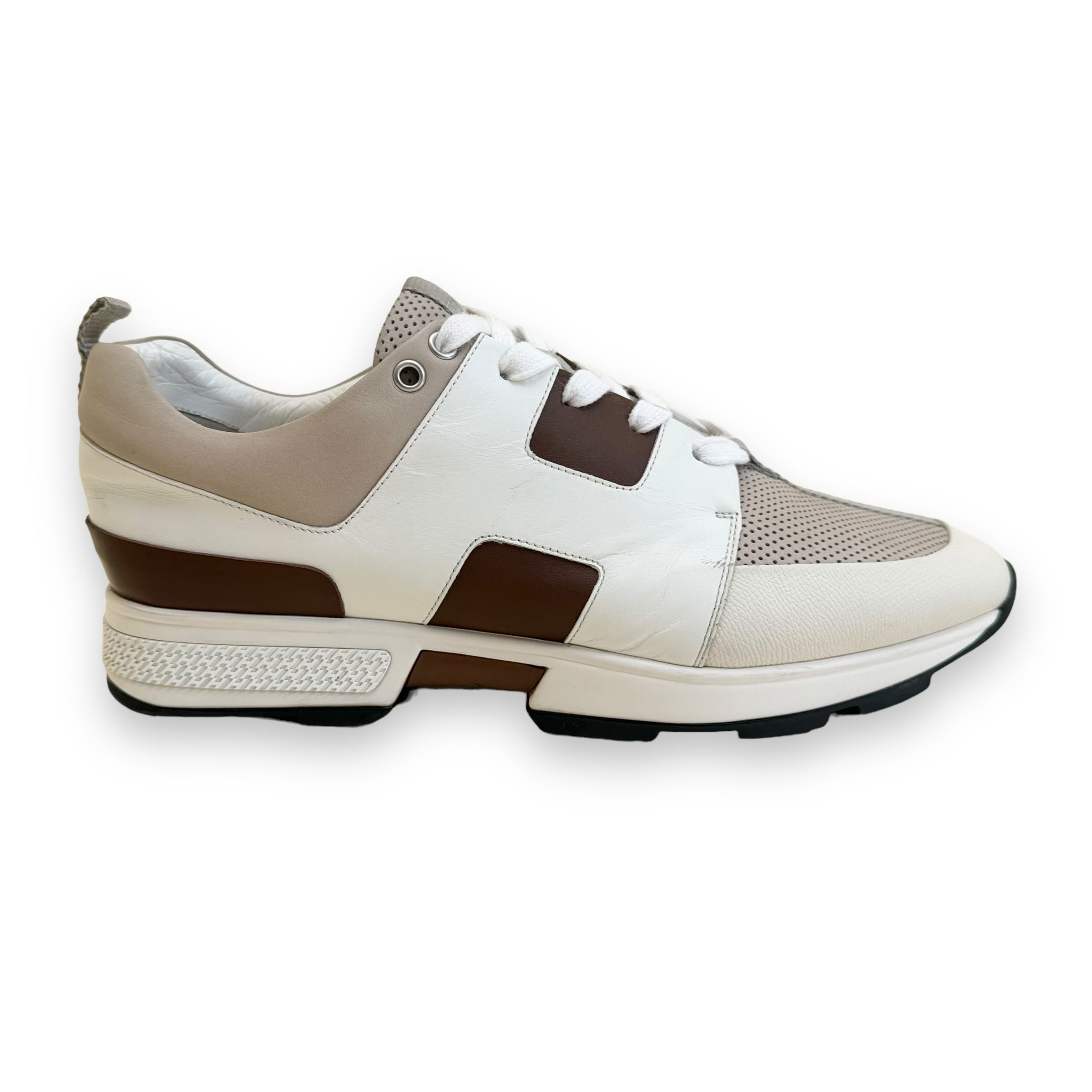 HERMES LEATHER MATCH RUNNER SNEAKER WHITE / TAN UK9.5