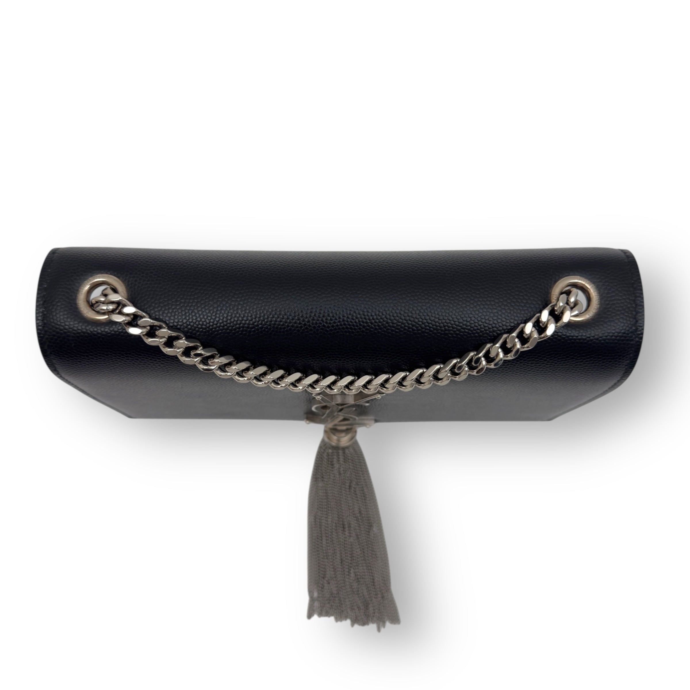 SAINT LAURENT KATE TASSEL GRAINED LEATHER SHOULDER BAG BLACK WITH SILVER STRAP S