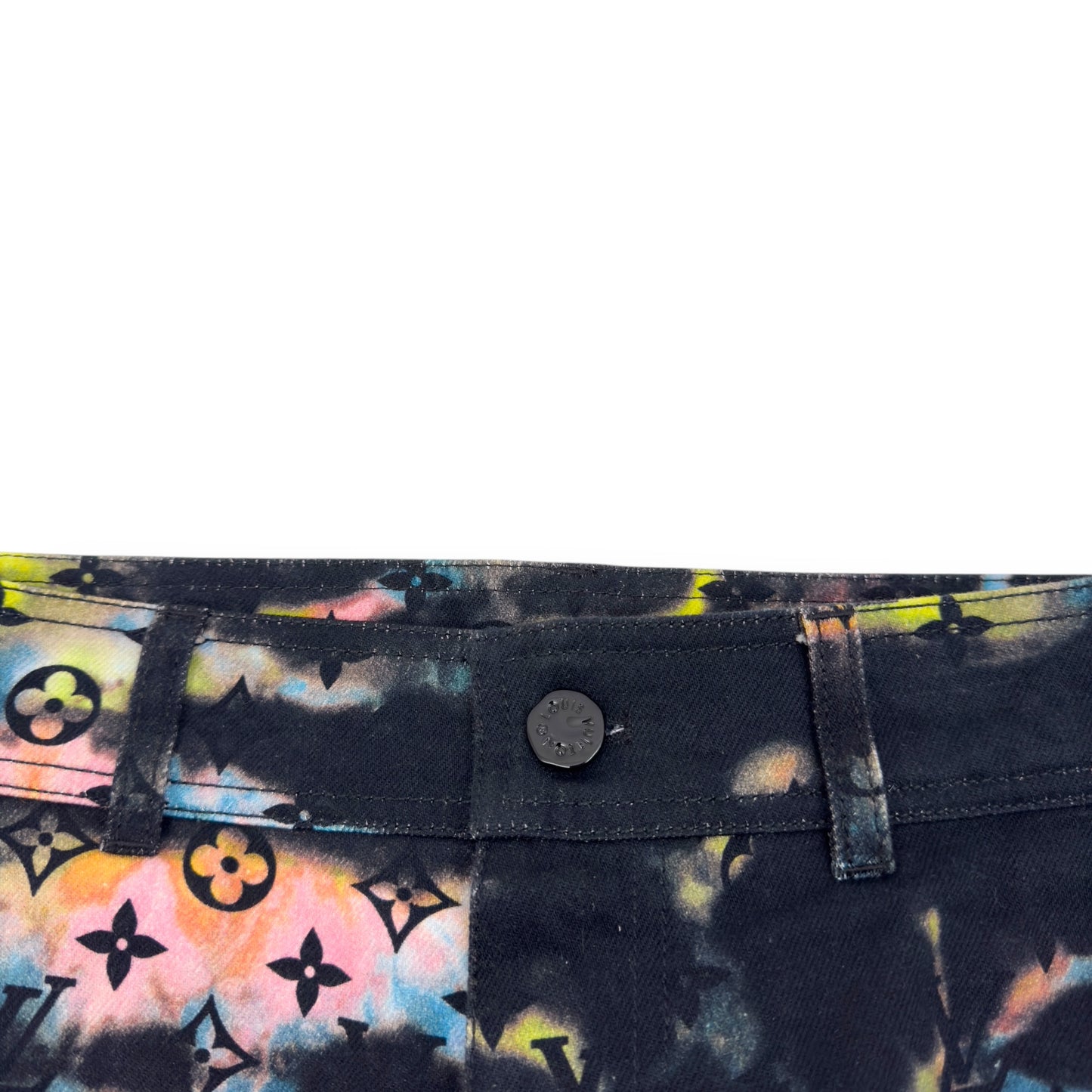 LOUIS VUITTON MONOGRAM TIE-DYE DENIM CARGO TROUSERS MULTICOLOURED W32”