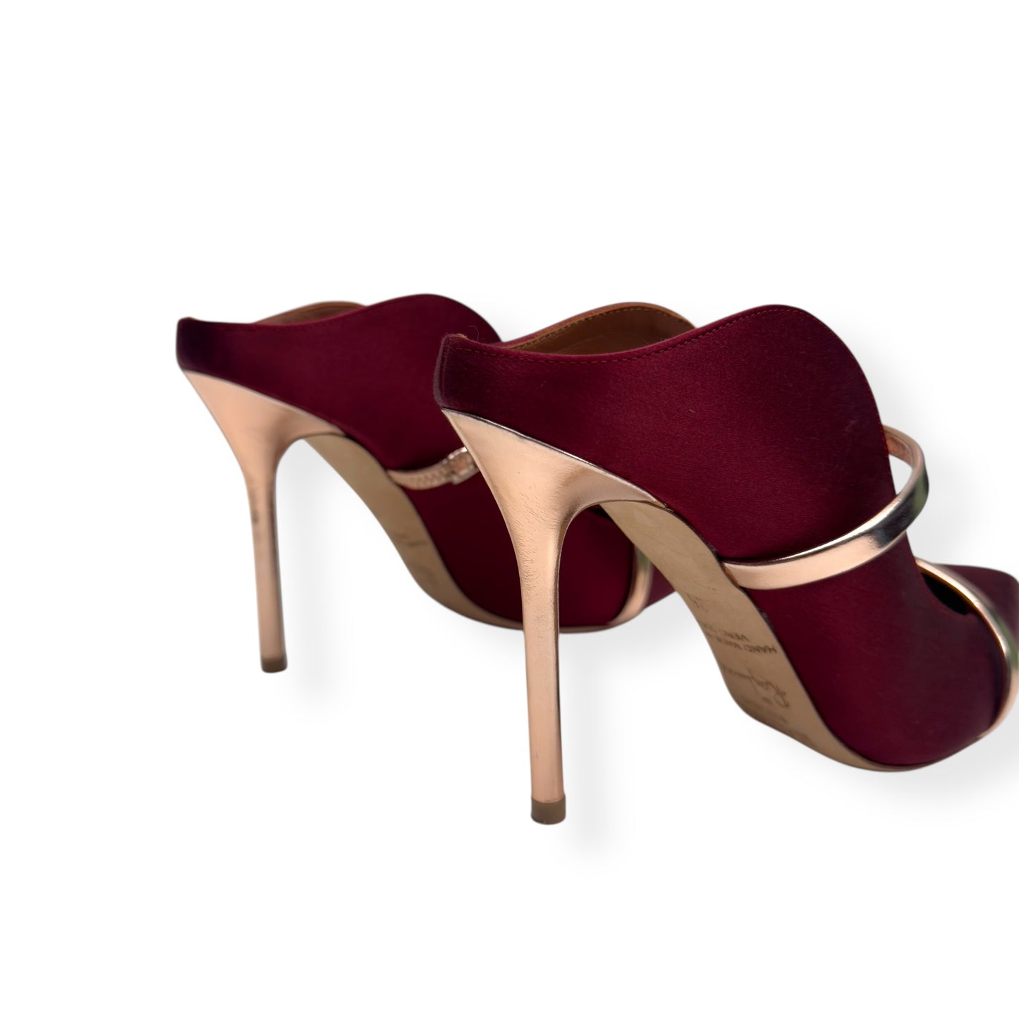 MALONE SOULIERS MAUREEN 100MM STILETTO SATIN / LEATHER MULES WINE / ROSE 36 / UK3
